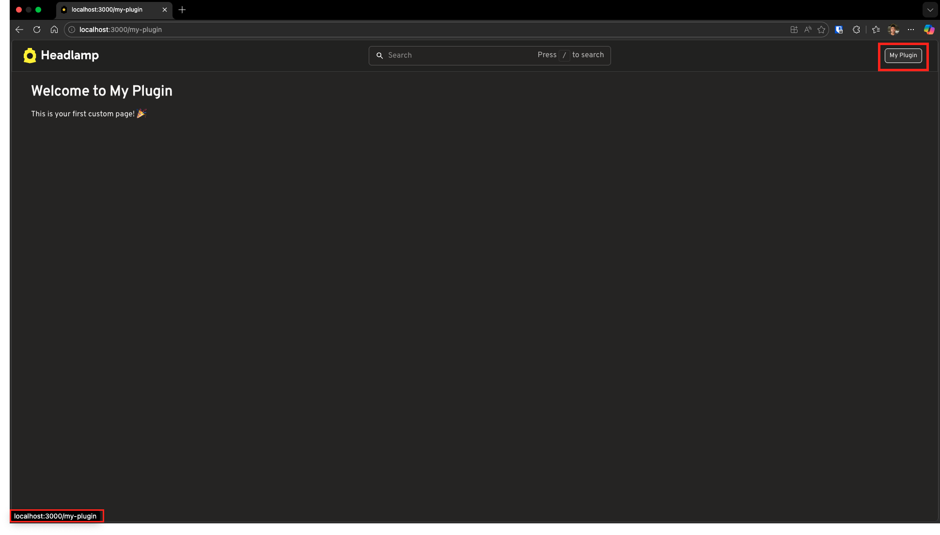 Screenshot of Headlamp with the My Plugin button in the app bar highlighted with a red rectangle. The browser status bar showing the link destination is also highlighted.