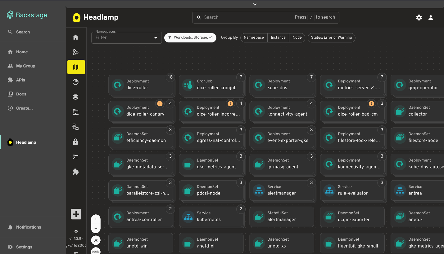 Headlamp's map view showing Kubernetes resources in Backstage