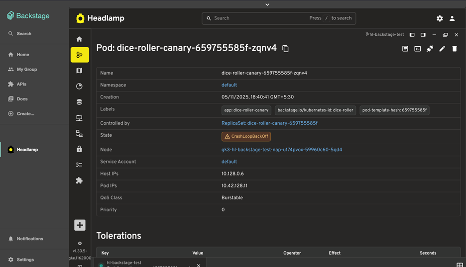 Pod details view in Headlamp within Backstage