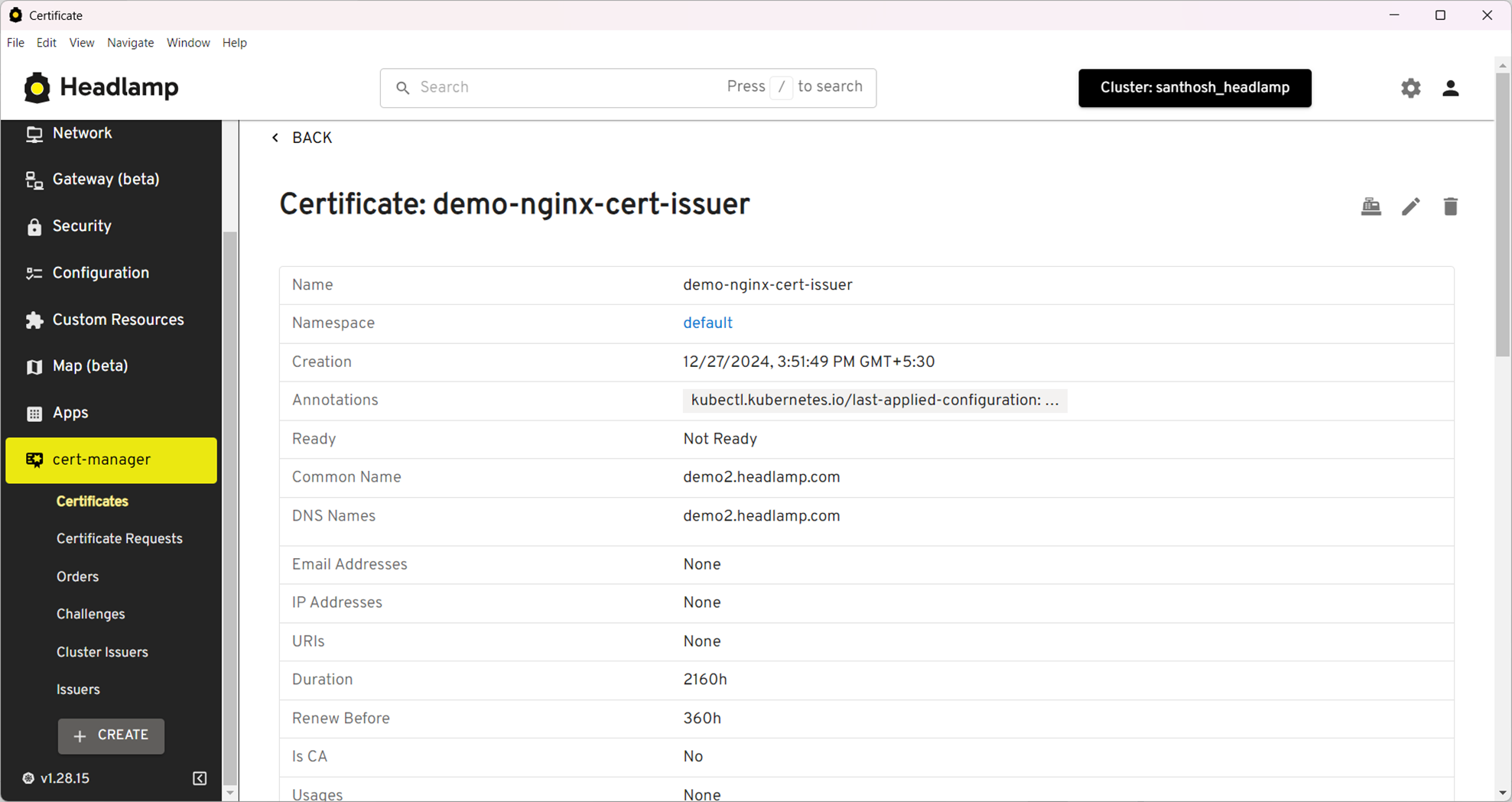 Screenshot showing a certificate shown in the cert-manager