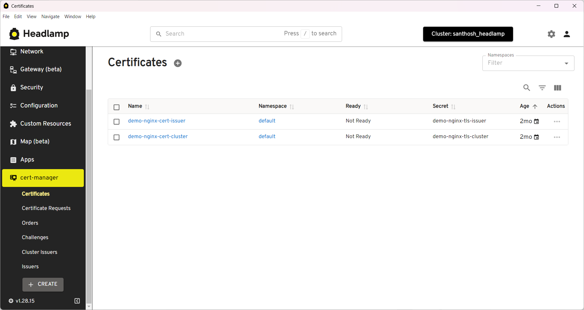 Screenshot showing the certificates list in the cert-manager plugin