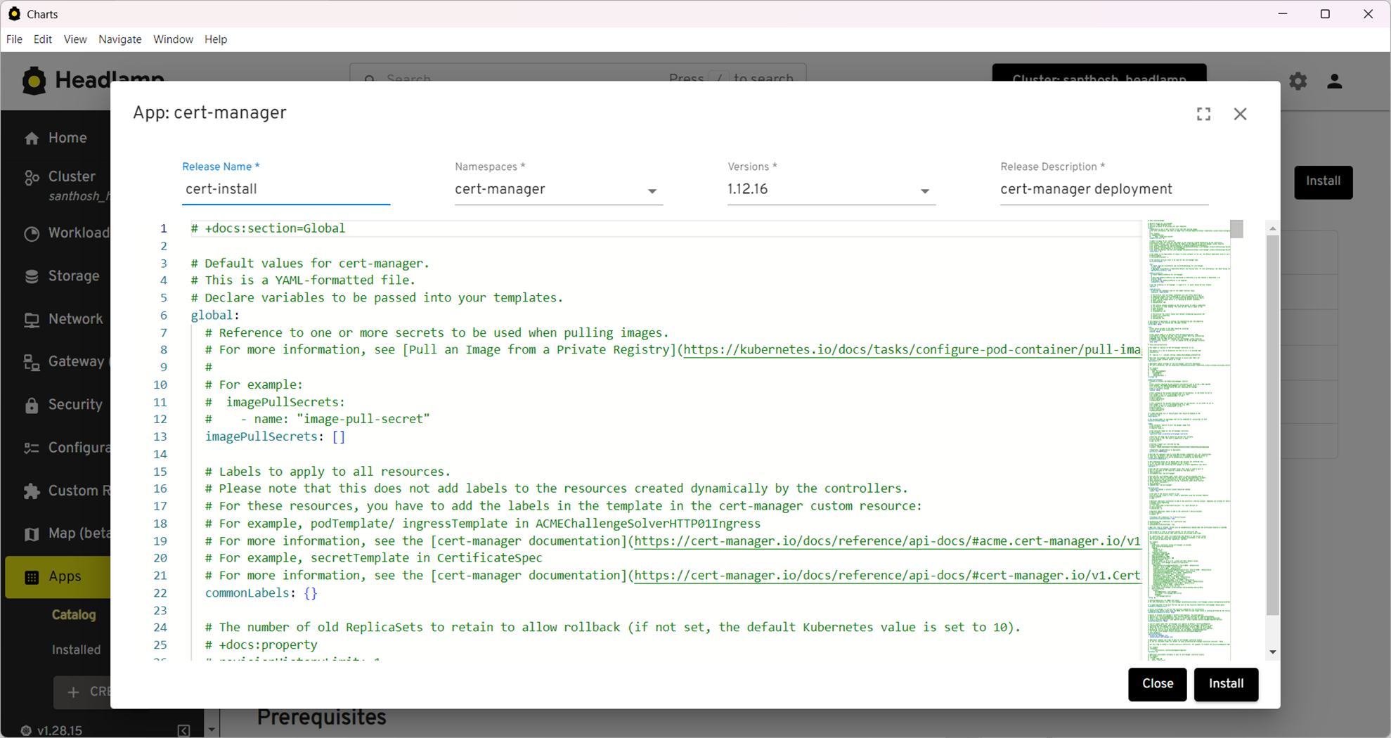 Screenshot showing the editor open for the cert-manager app in Headlamp&#39;s apps catalog