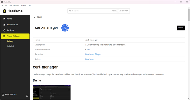 Screenshot showing the cert-manager plugin in the catalog