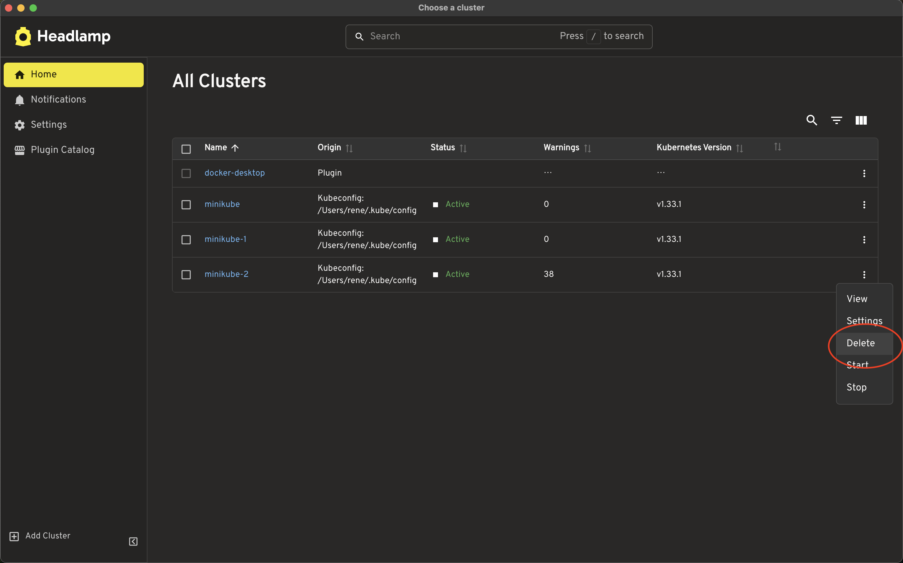 Cluster action menu with delete option highlighted