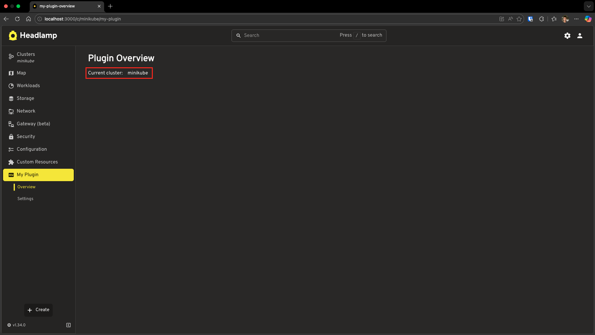 Screenshot of the Overview page showing the cluster name with a red rectangle highlighting the cluster name text