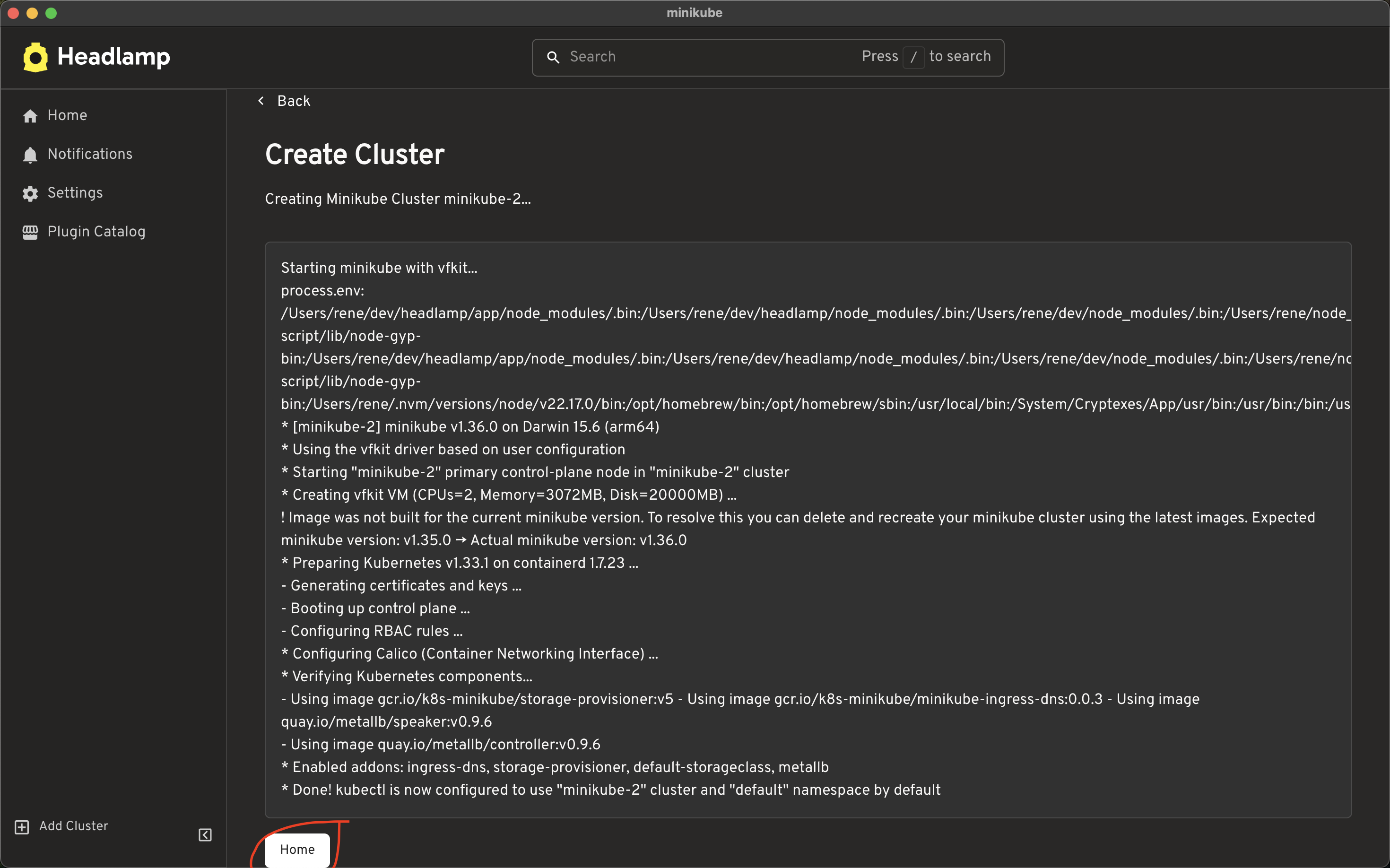 Headlamp cluster creation information showing the cluster has been created