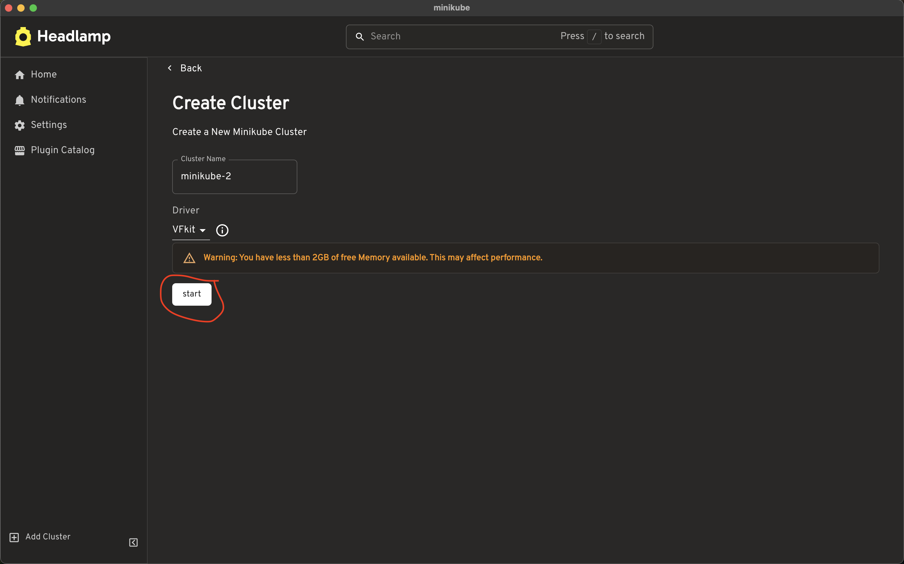 Create cluster screen with the start button highlighted. Shows the user is warned about being low on memory.