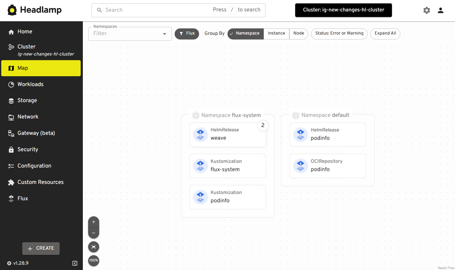 A screenshot of Flux resources being displayed in the Map