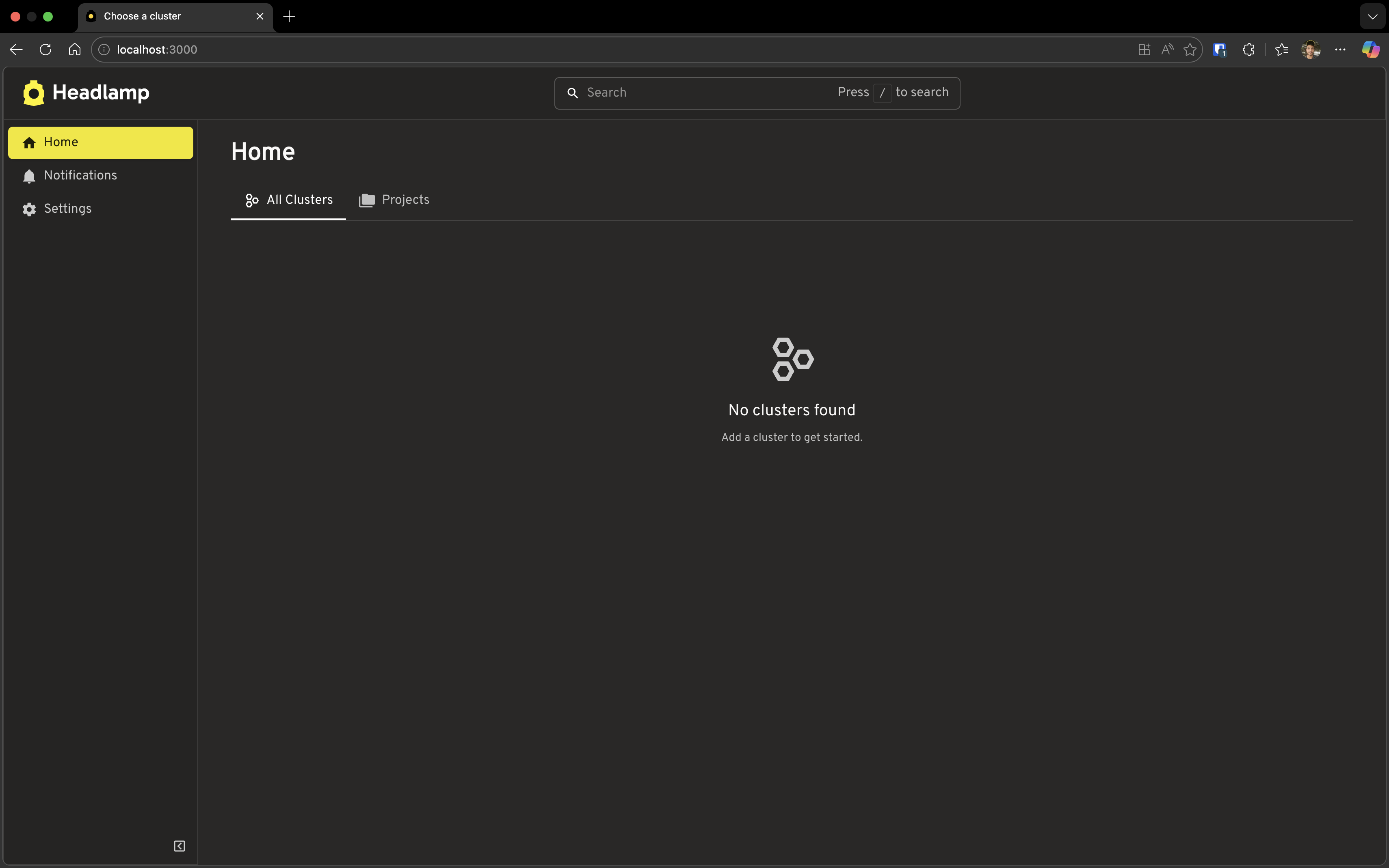Screenshot of Headlamp running in a web browser showing the welcome screen