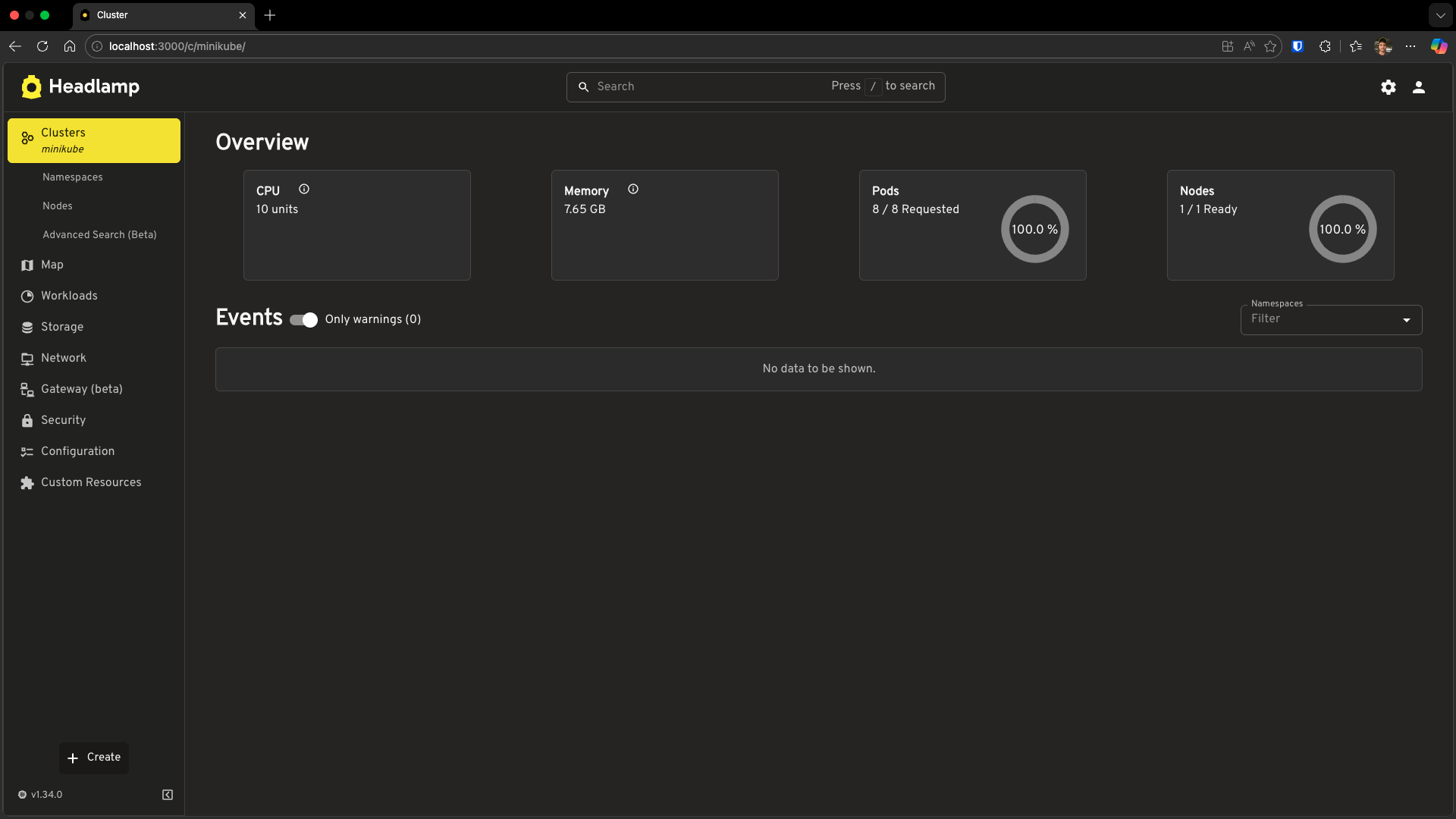 Screenshot of Headlamp cluster overview showing minikube with resource metrics and sidebar navigation
