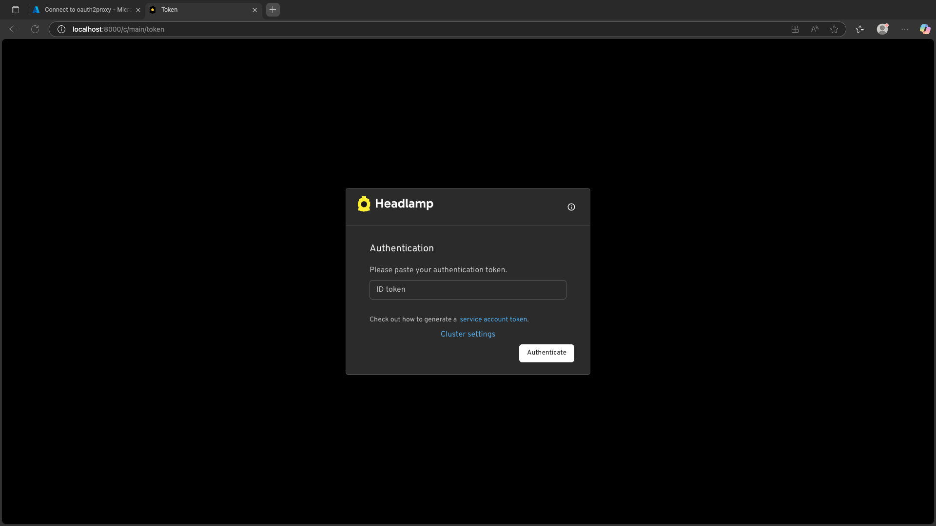 Headlamp Authentication Screen
