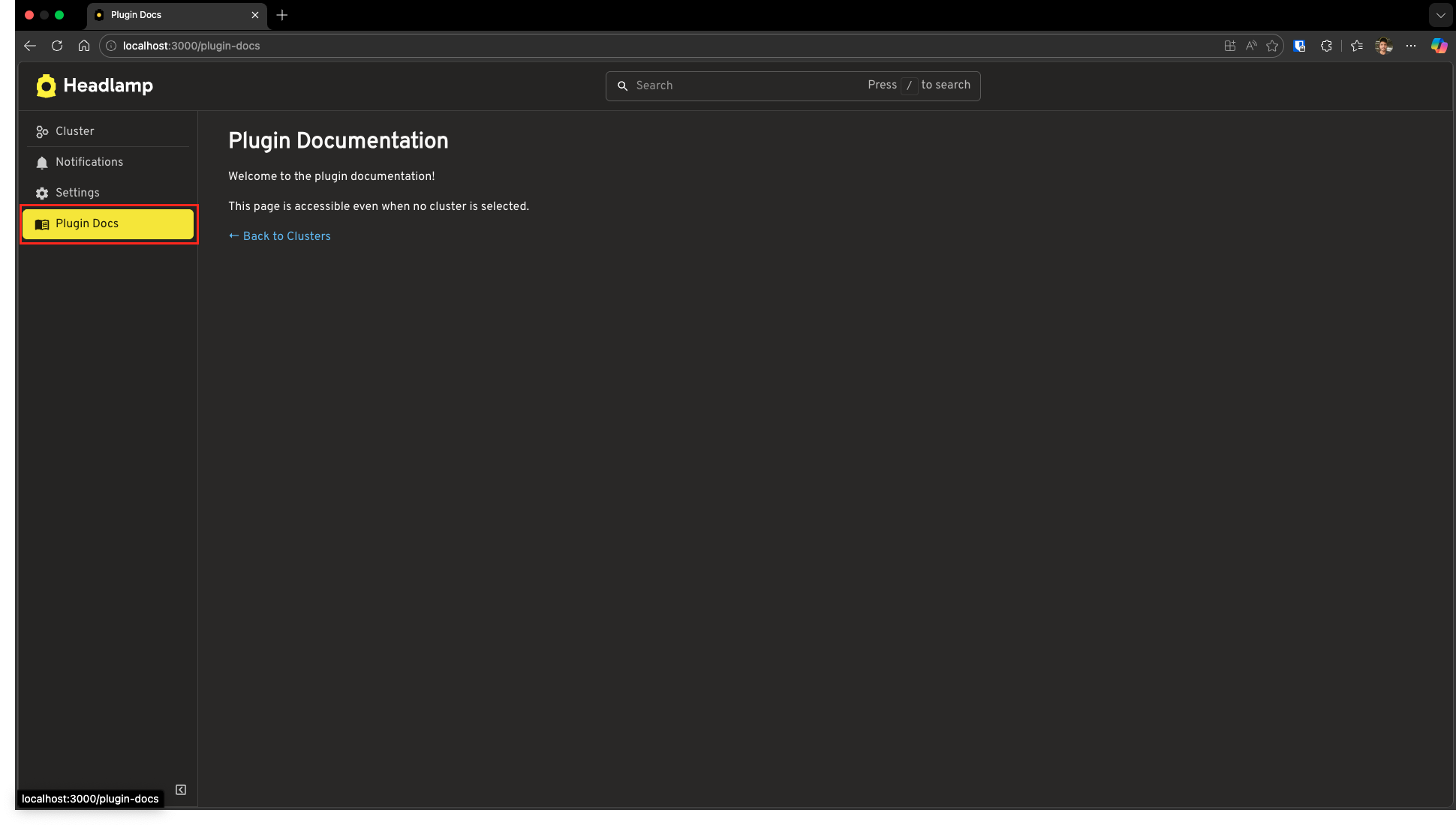 Screenshot of Headlamp home view with the Plugin Docs entry highlighted with a red rectangle in the sidebar, showing the book icon.