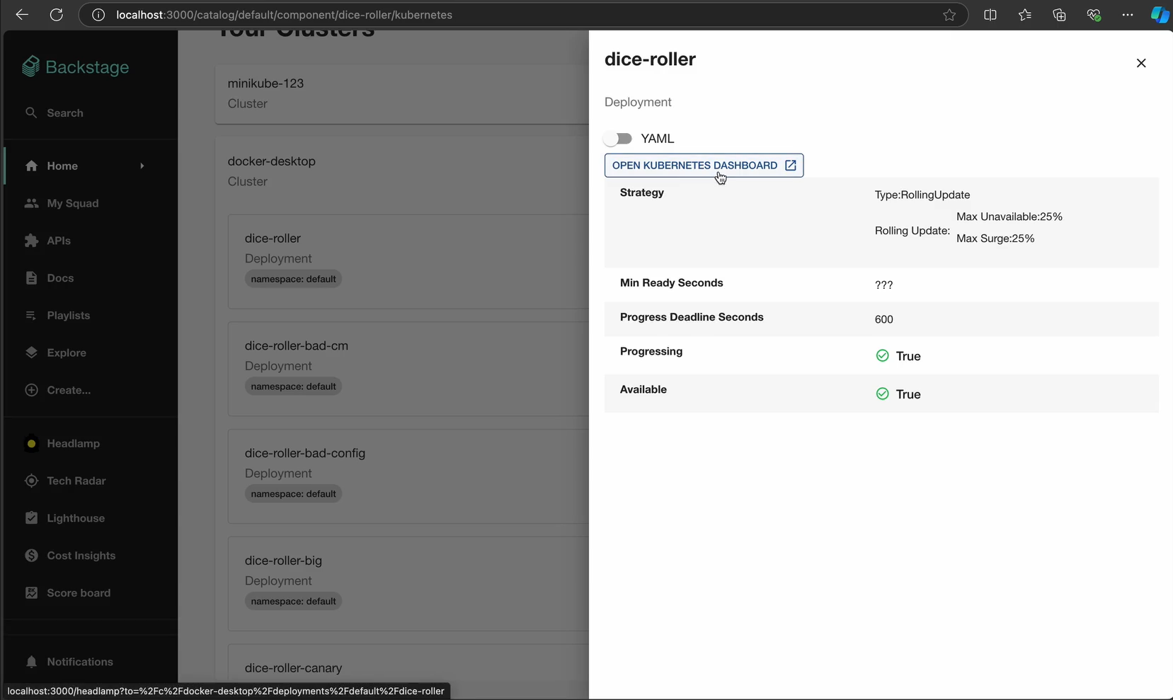 Screenshot showing a link from a resource in Backstage to Headlamp