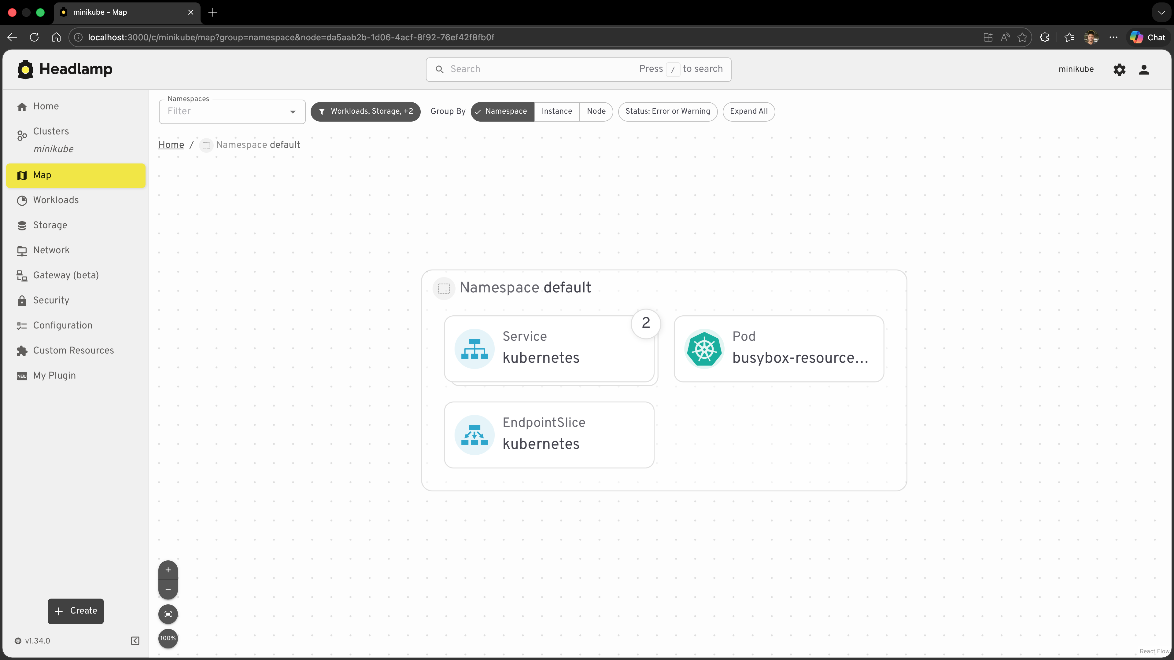 Headlamp Map View showing cluster resources as nodes and edges in a graph