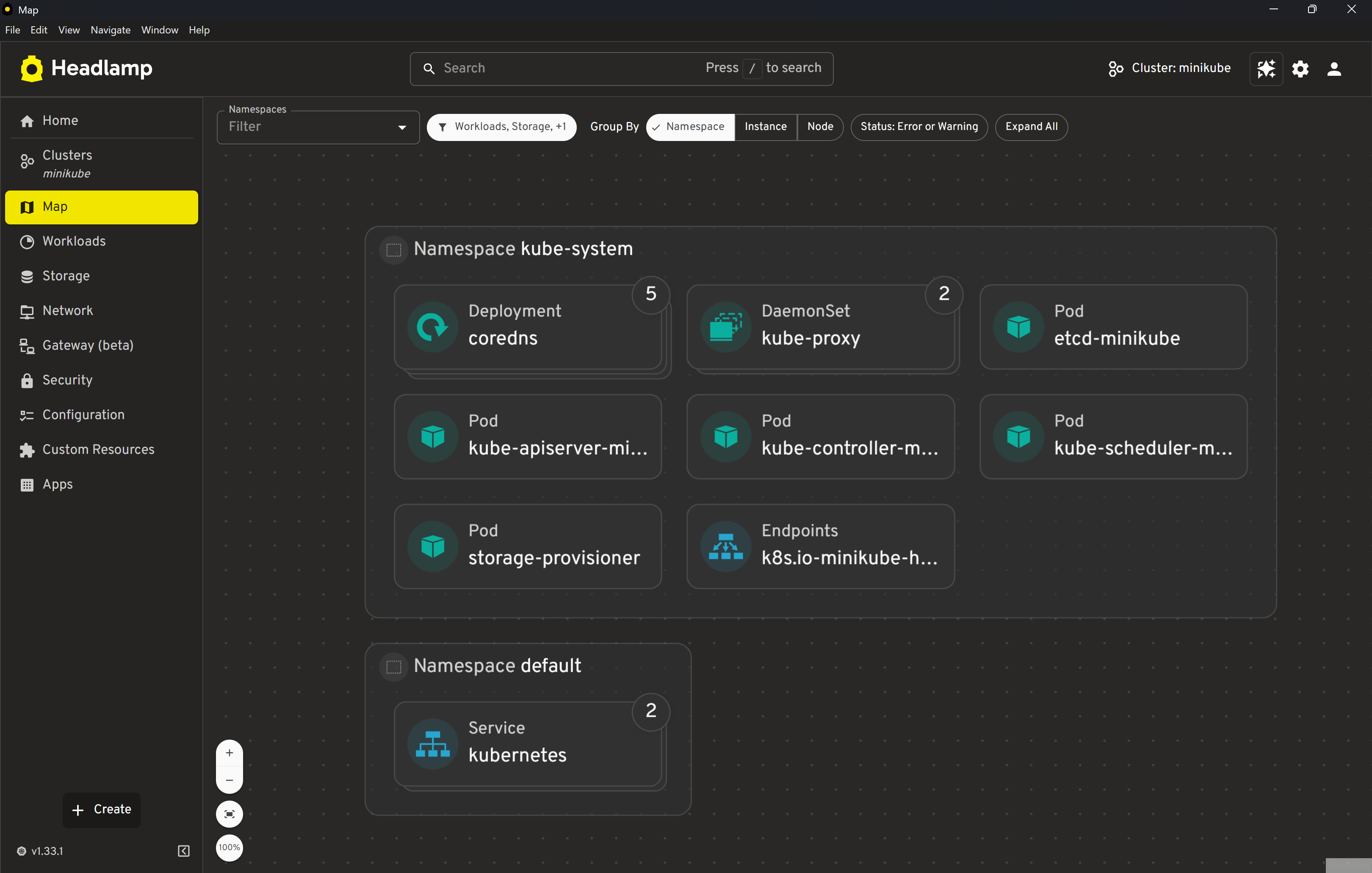 The map view showing relationships between deployments pods and namespaces