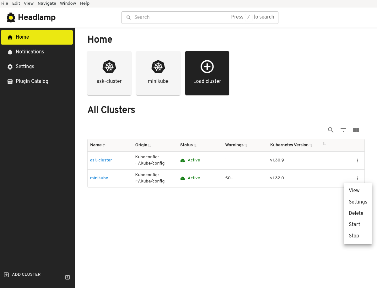 Screenshot showing cluster context&#39;s start/stop options for minikube