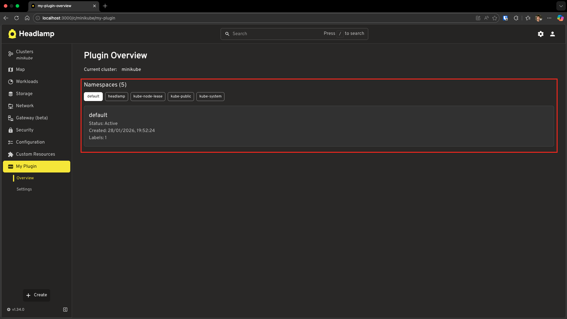 Screenshot of the Overview page showing namespace buttons with a red rectangle highlighting the selected namespace details