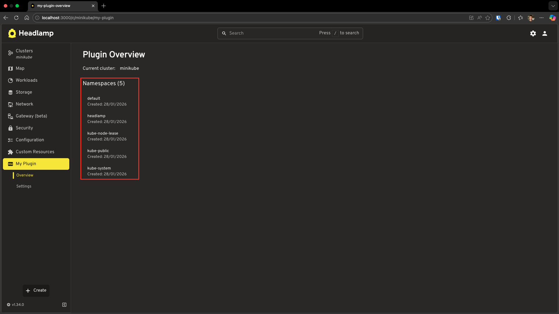 Screenshot of the Overview page showing a list of namespaces with red rectangle highlighting the namespace list
