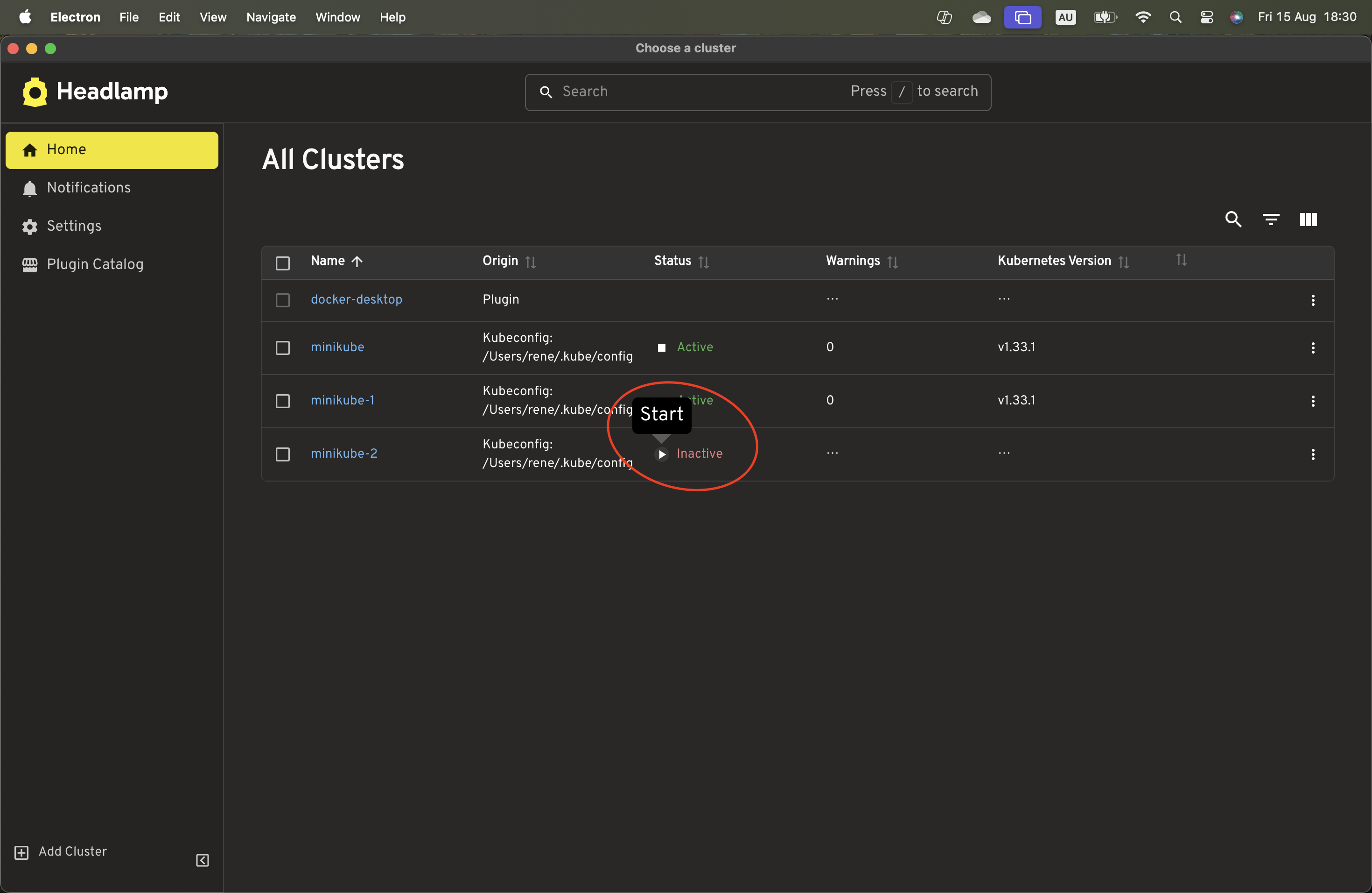 Headlamp Overview Home page showing start and stop cluster buttons