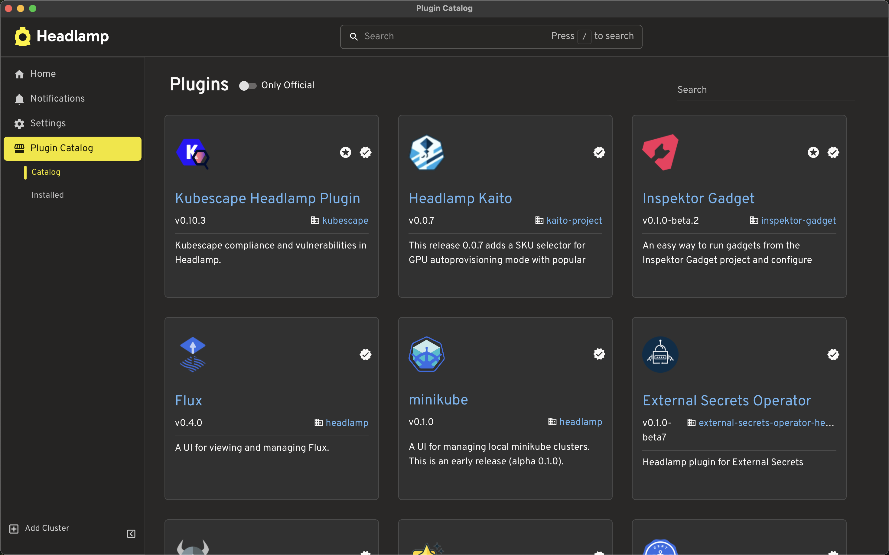 Plugin catalog screen shot showing different plugins available