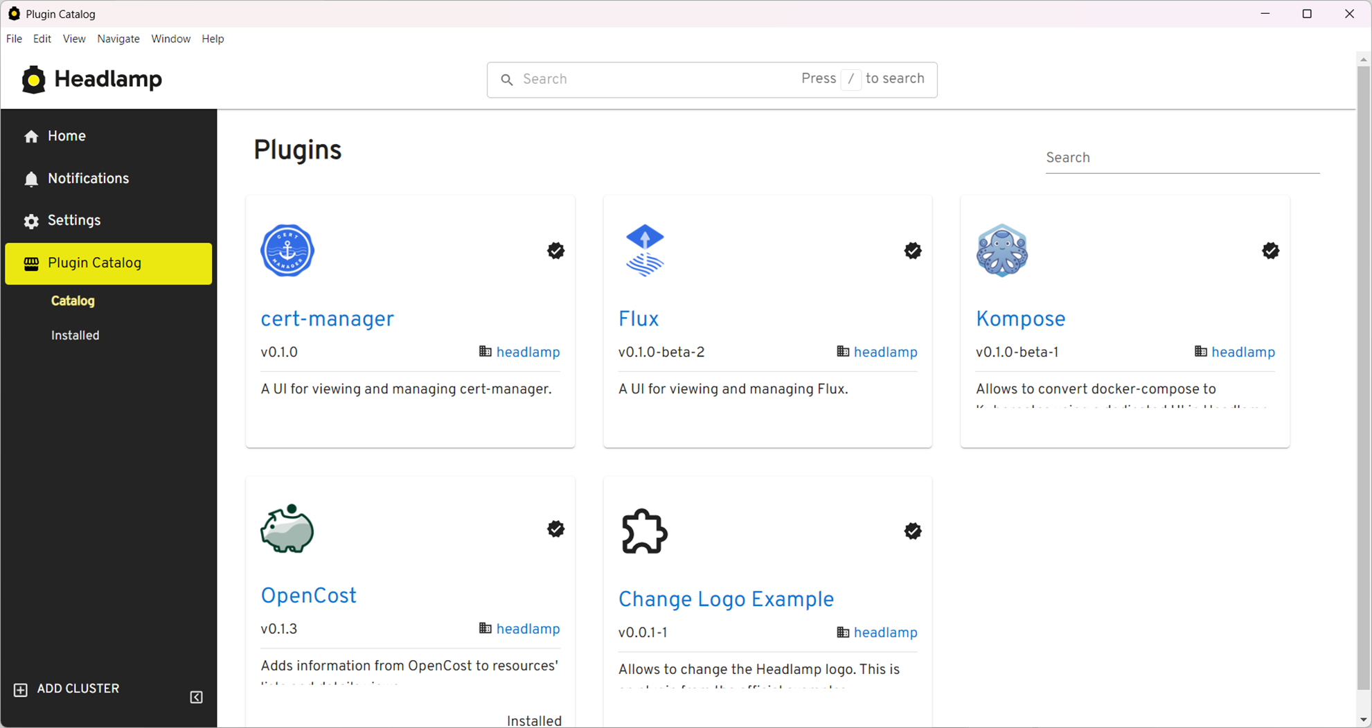 Screenshot showing the plugin catalog in headlamp