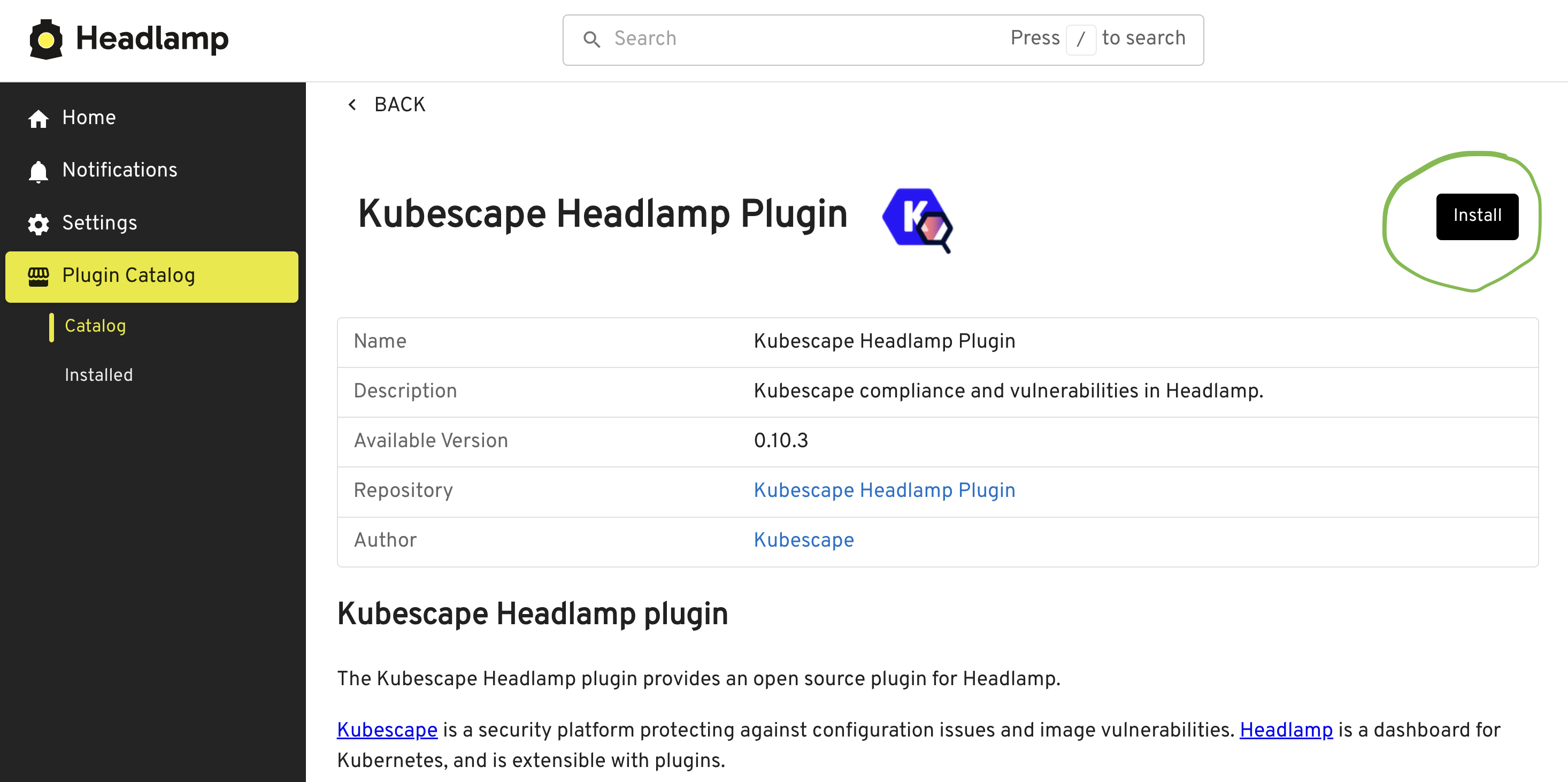 Plugin Catalog - Install button in plugin view