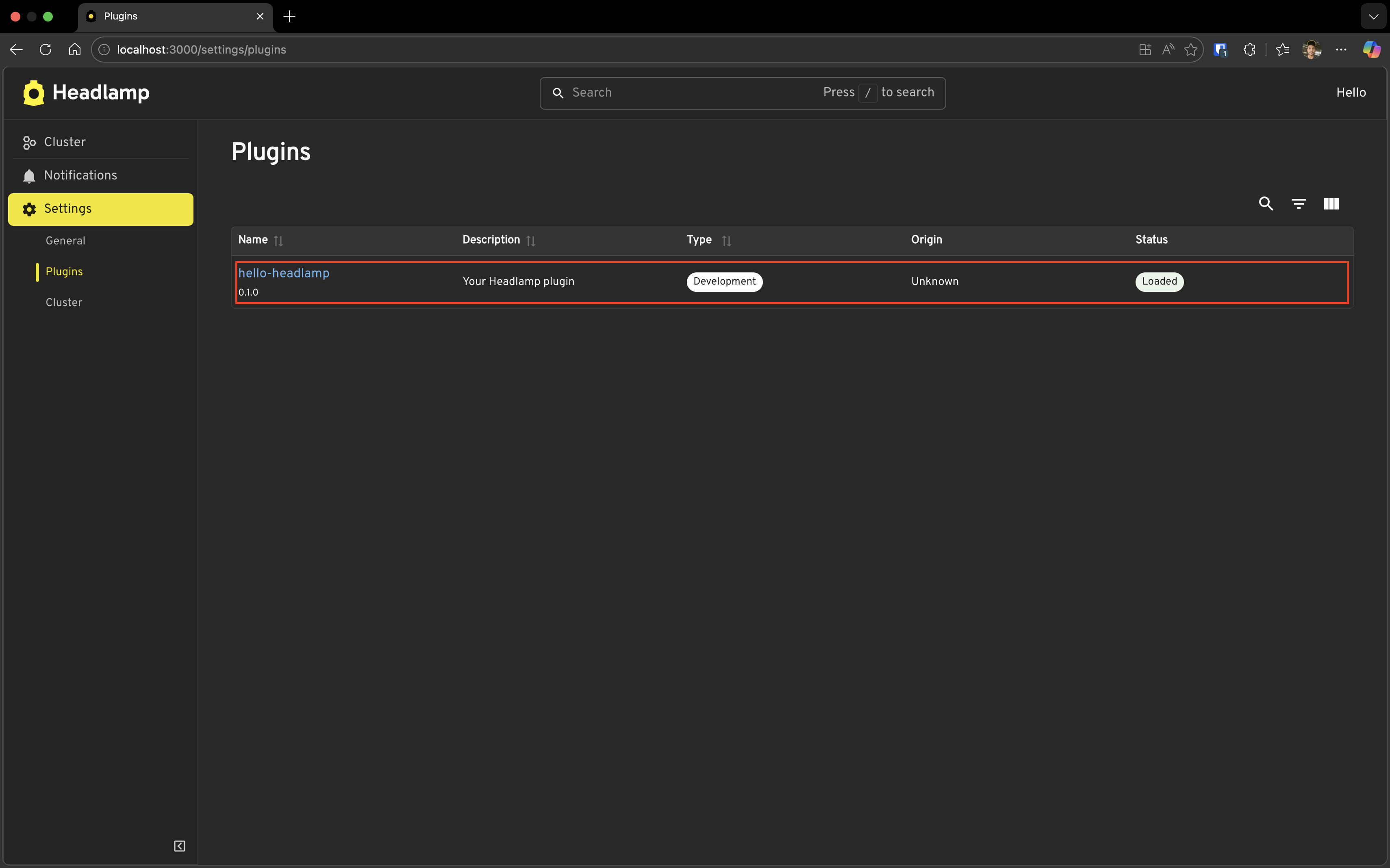 Screenshot of the Headlamp Plugins settings page with a red highlight box around the hello-headlamp plugin entry in the table