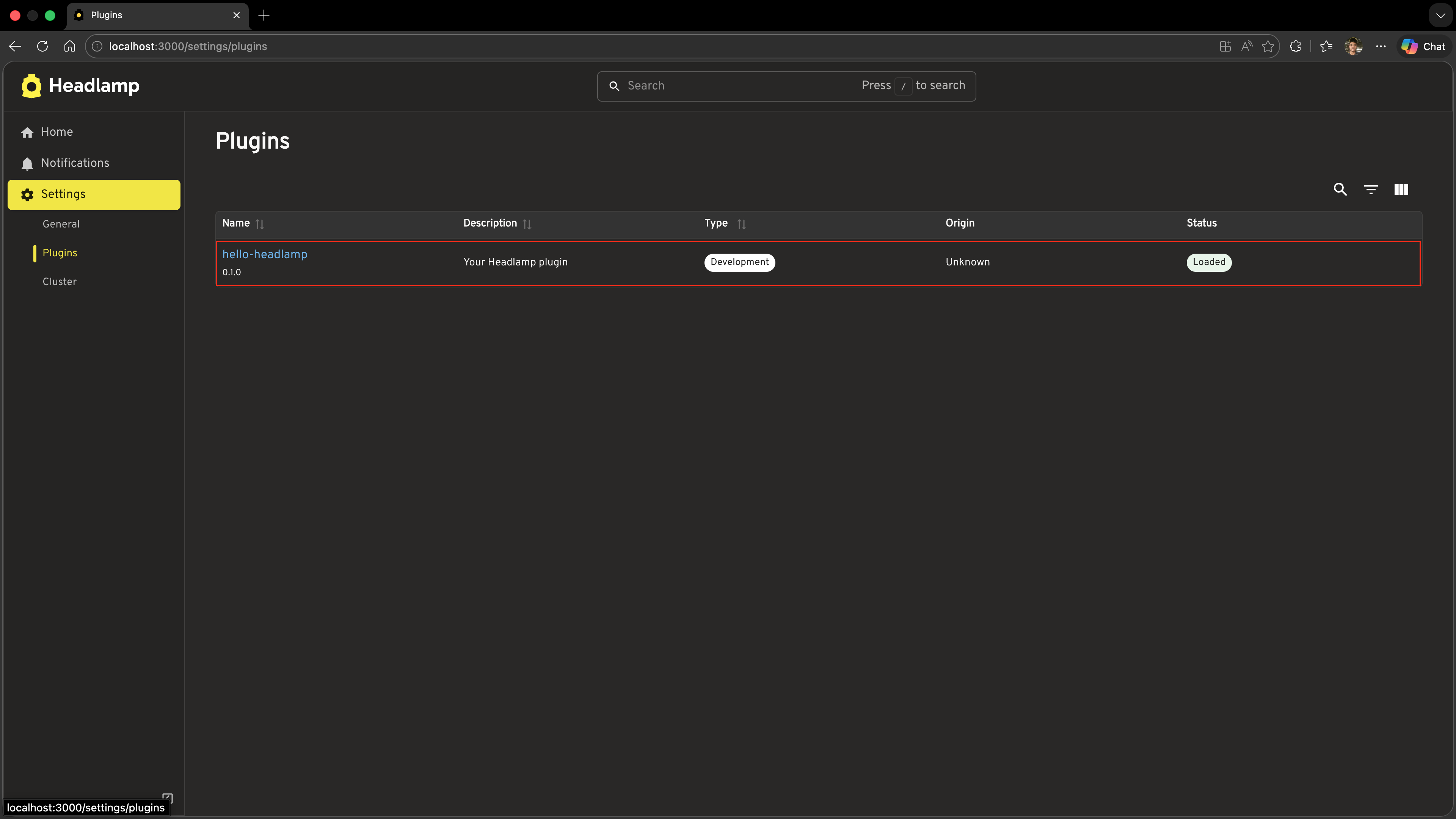 Screenshot of the Headlamp Plugins settings list with hello-headlamp visible and a link to its settings