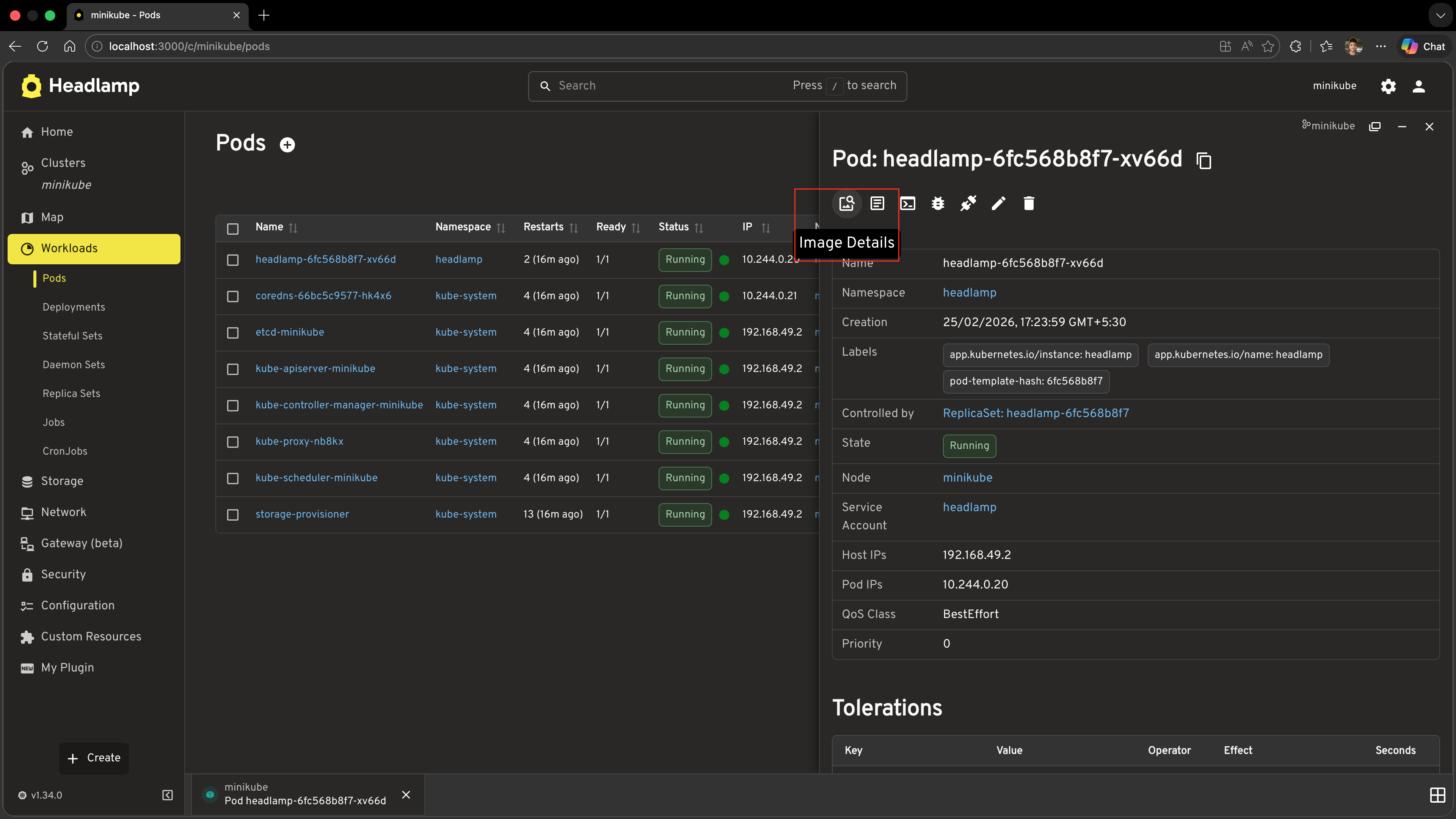 Screenshot of the Pod detail page header with the custom Image Details action button highlighted in a red box in the top-right action area alongside the existing Edit and Delete buttons