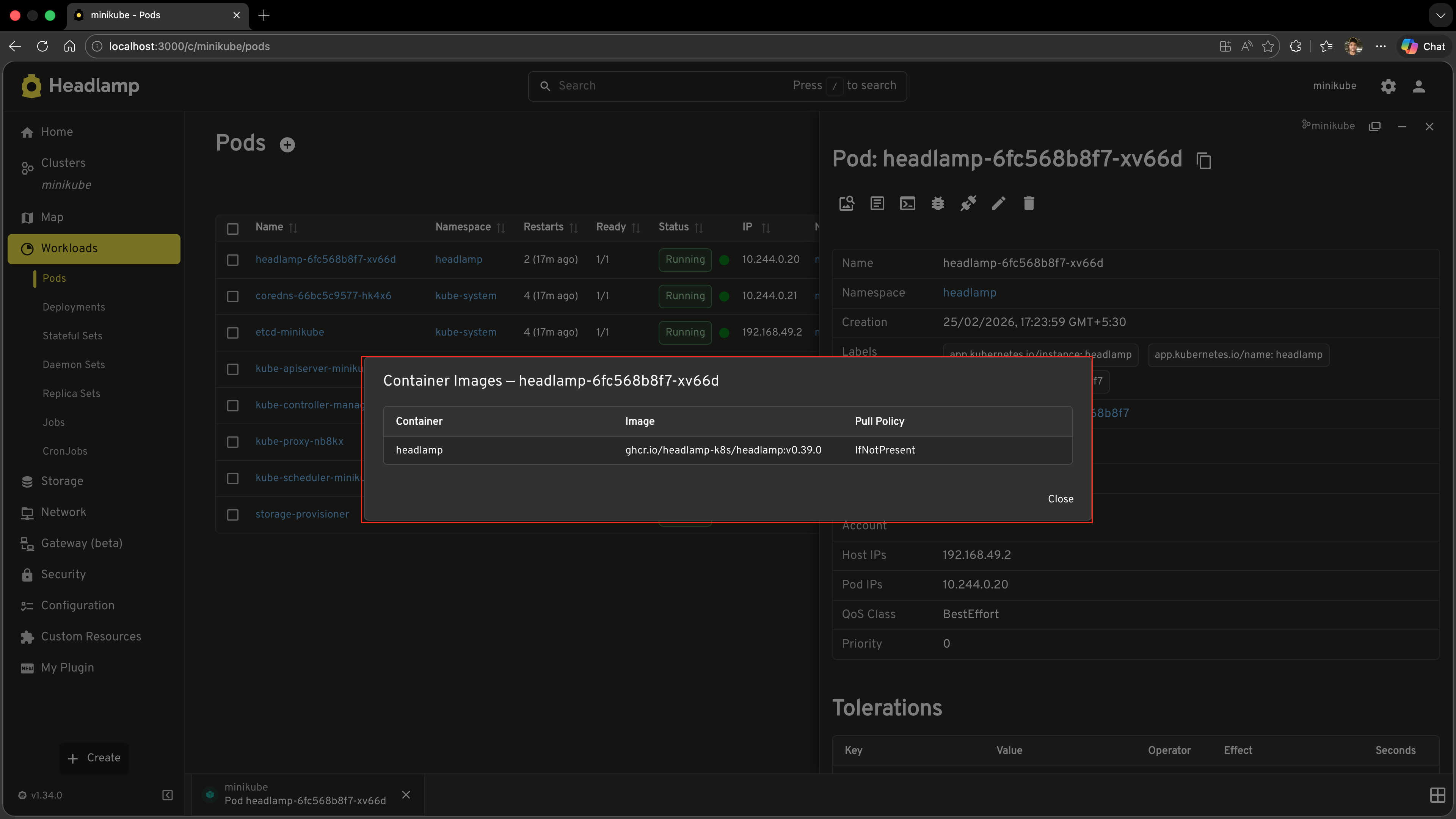Screenshot of the Image Details dialog open on a Pod detail page, showing a table with columns for Container name, Image, and Pull Policy for each container in the pod
