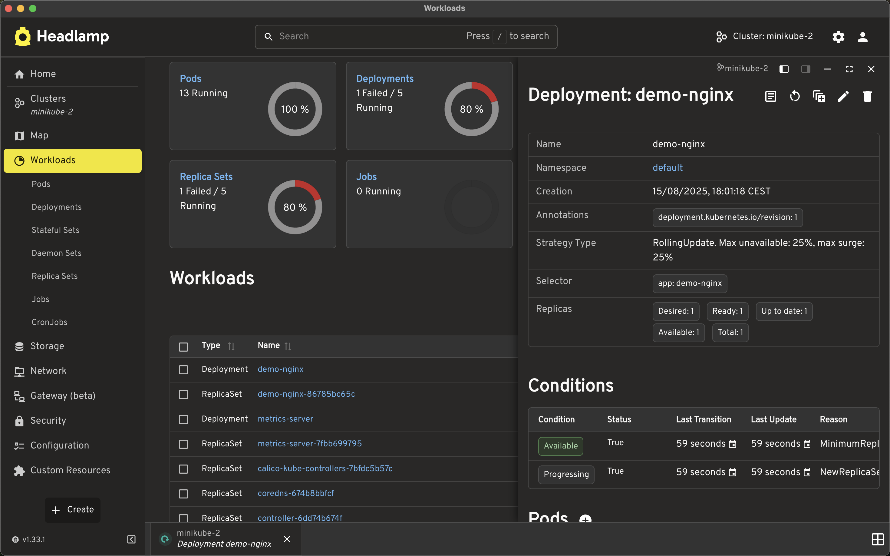 A screen shot of Headlamp showing the pod details that it has deployed
