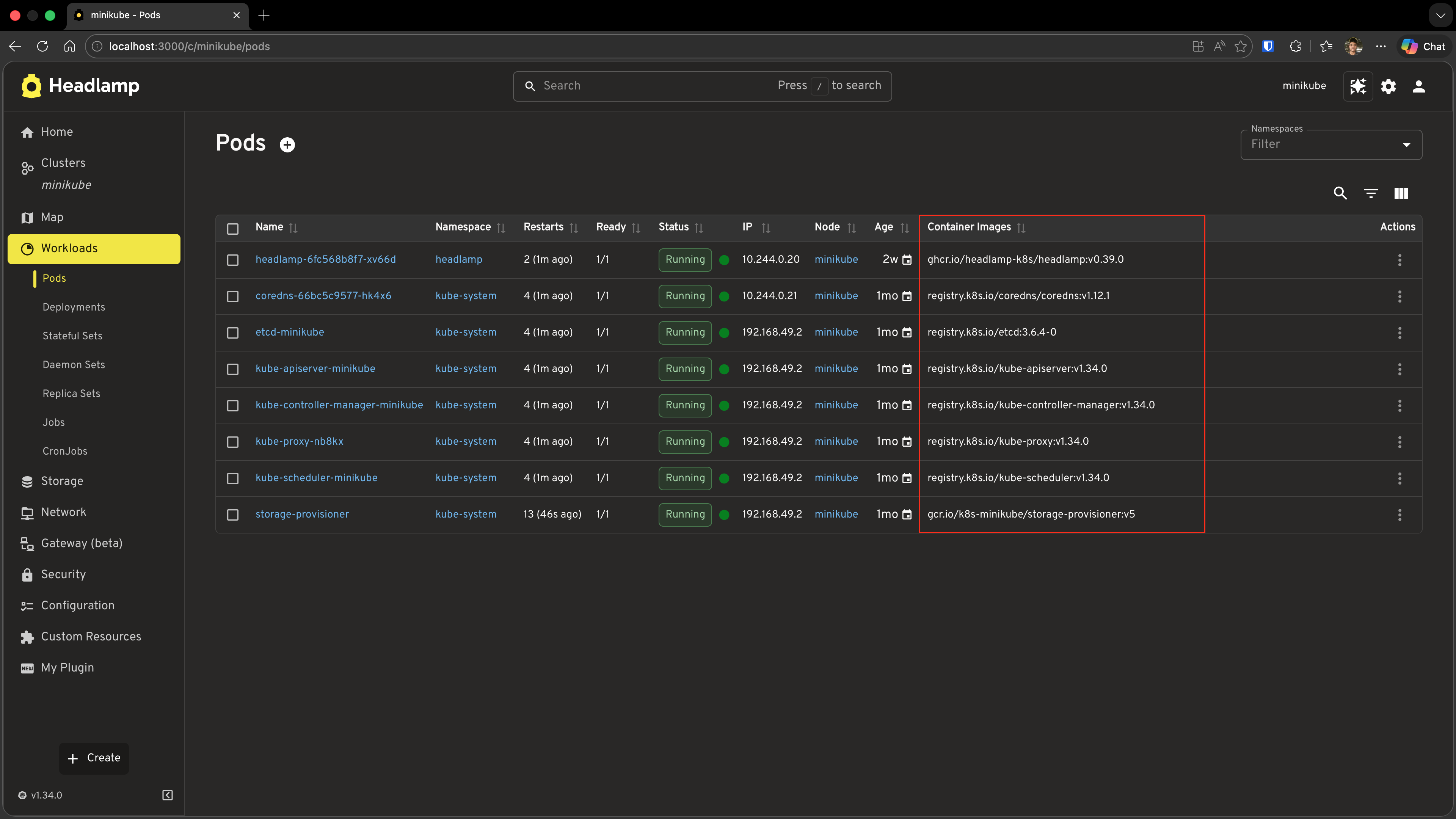 Screenshot of the Pods list view with the custom Container Images column added, highlighted in a red box on the right side of the table