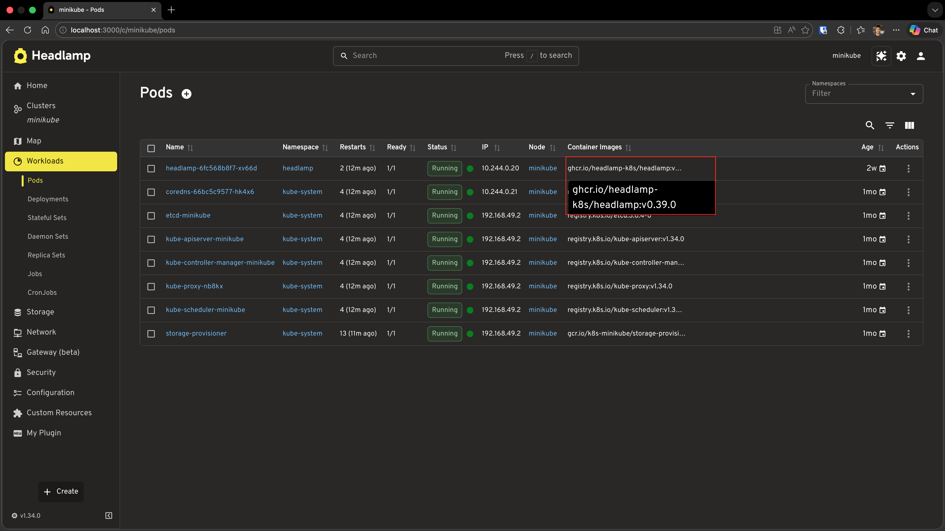 Screenshot of the Pods list view with the Container Images column showing a tooltip popup on hover, displaying the full list of container images for that pod