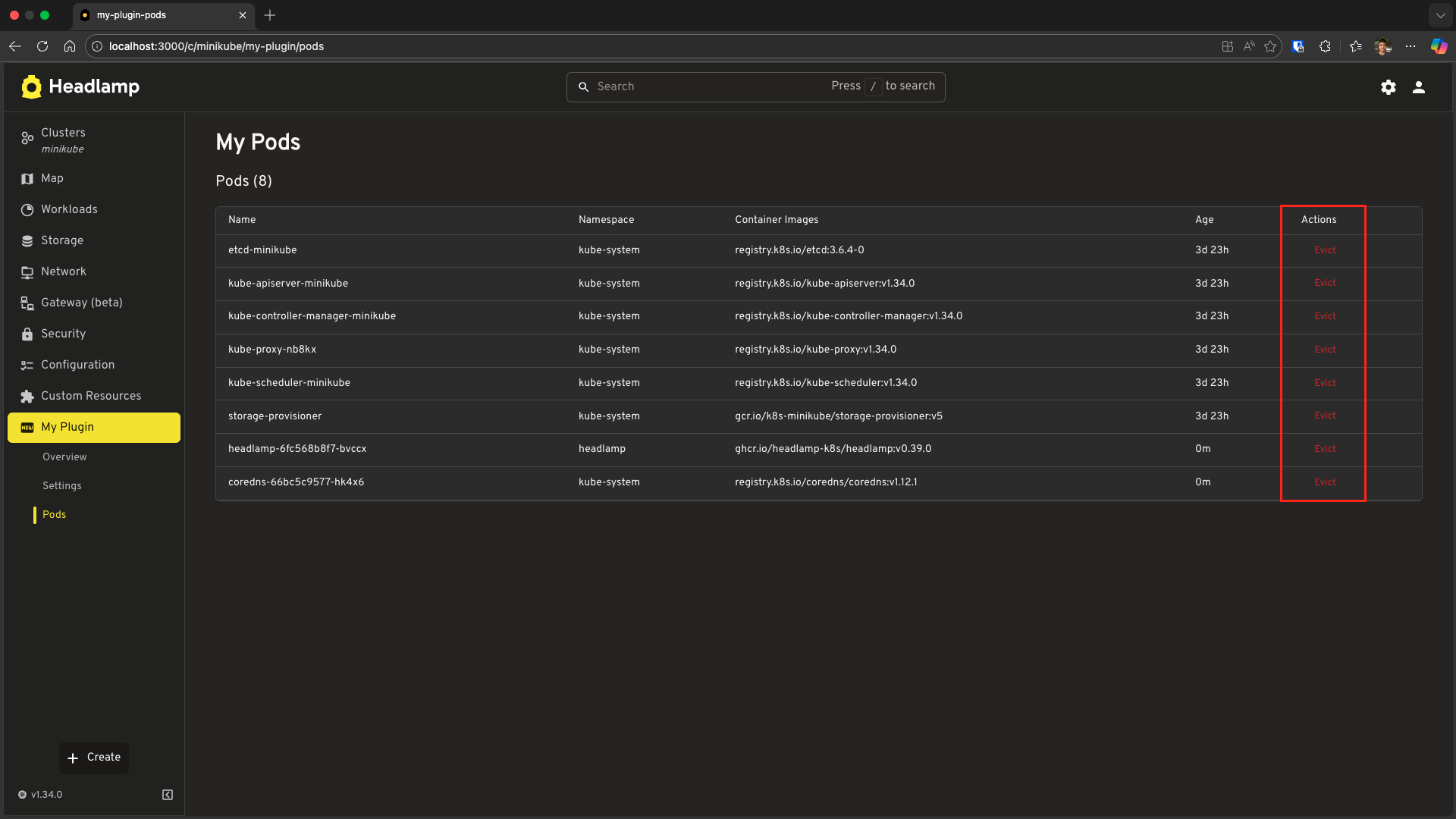 Screenshot of my pods page showing a table with pod information (Name, Namespace, Container Images, Age) and an Actions column with Evict buttons highlighted in red