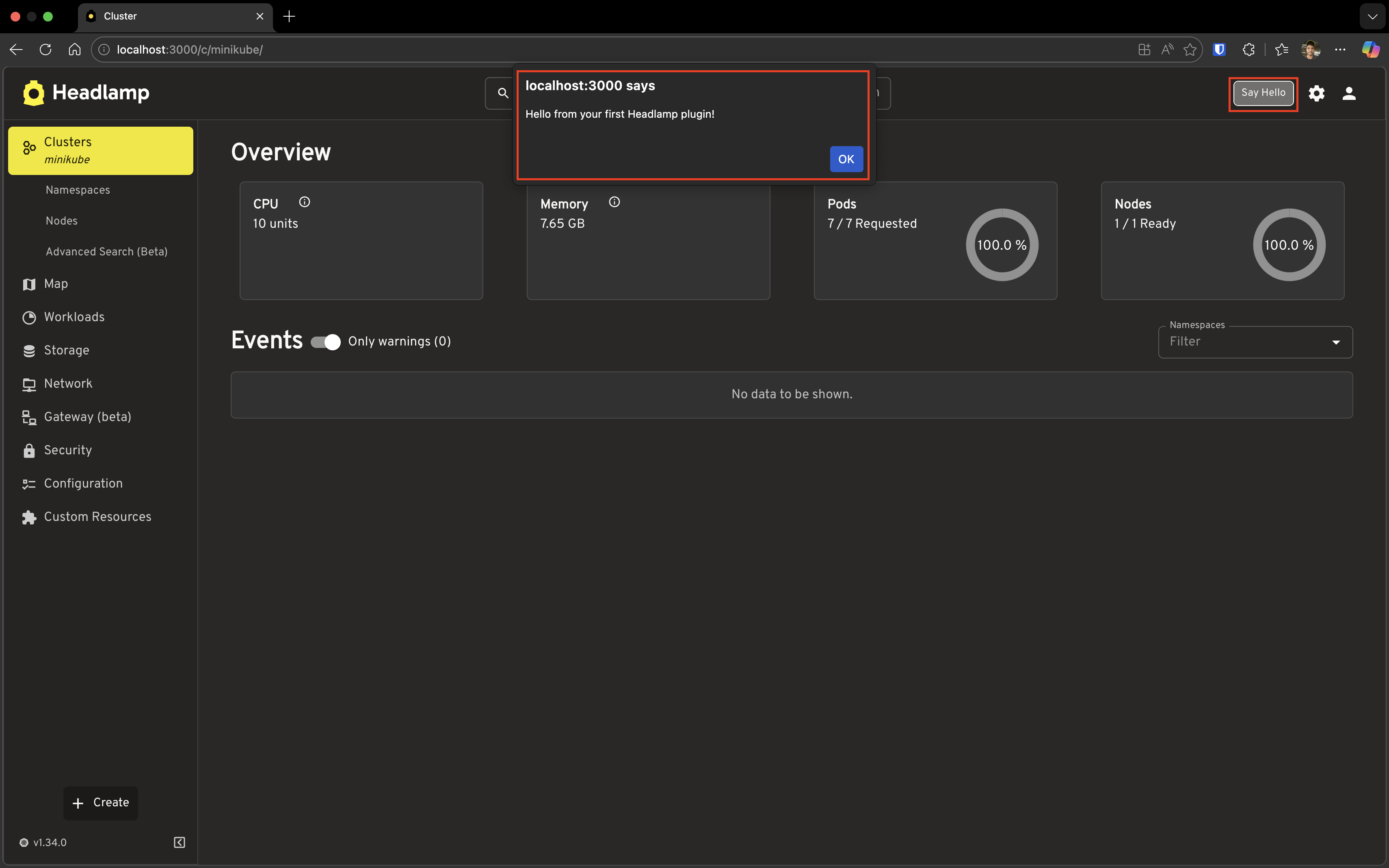 Screenshot showing the Headlamp app bar with a red highlight box around the "Say Hello" button in the top-right corner, and a browser alert dialog with a red highlight box around the "Hello from your Headlamp plugin!" message