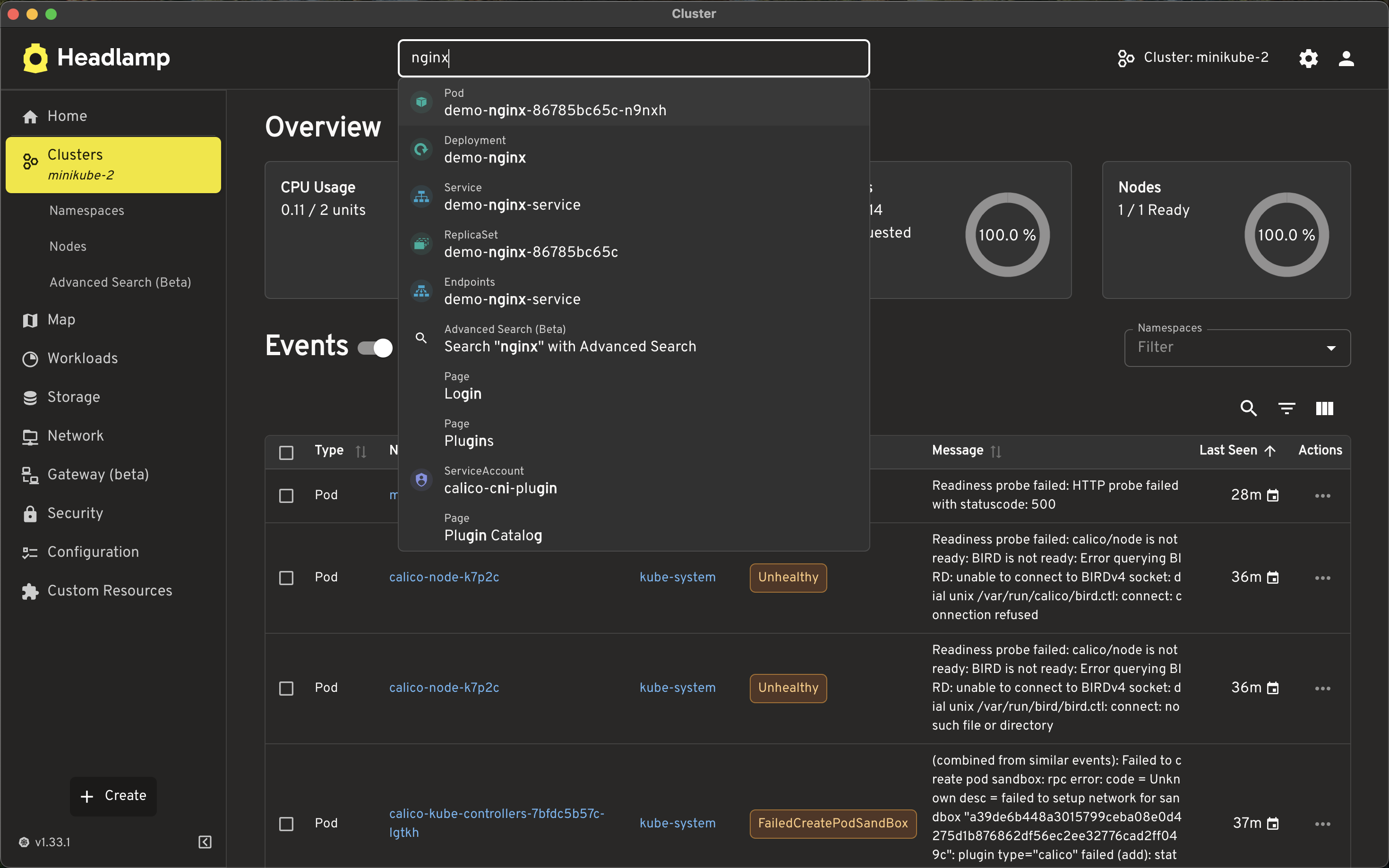 Shows the search items for nginx used in the demo