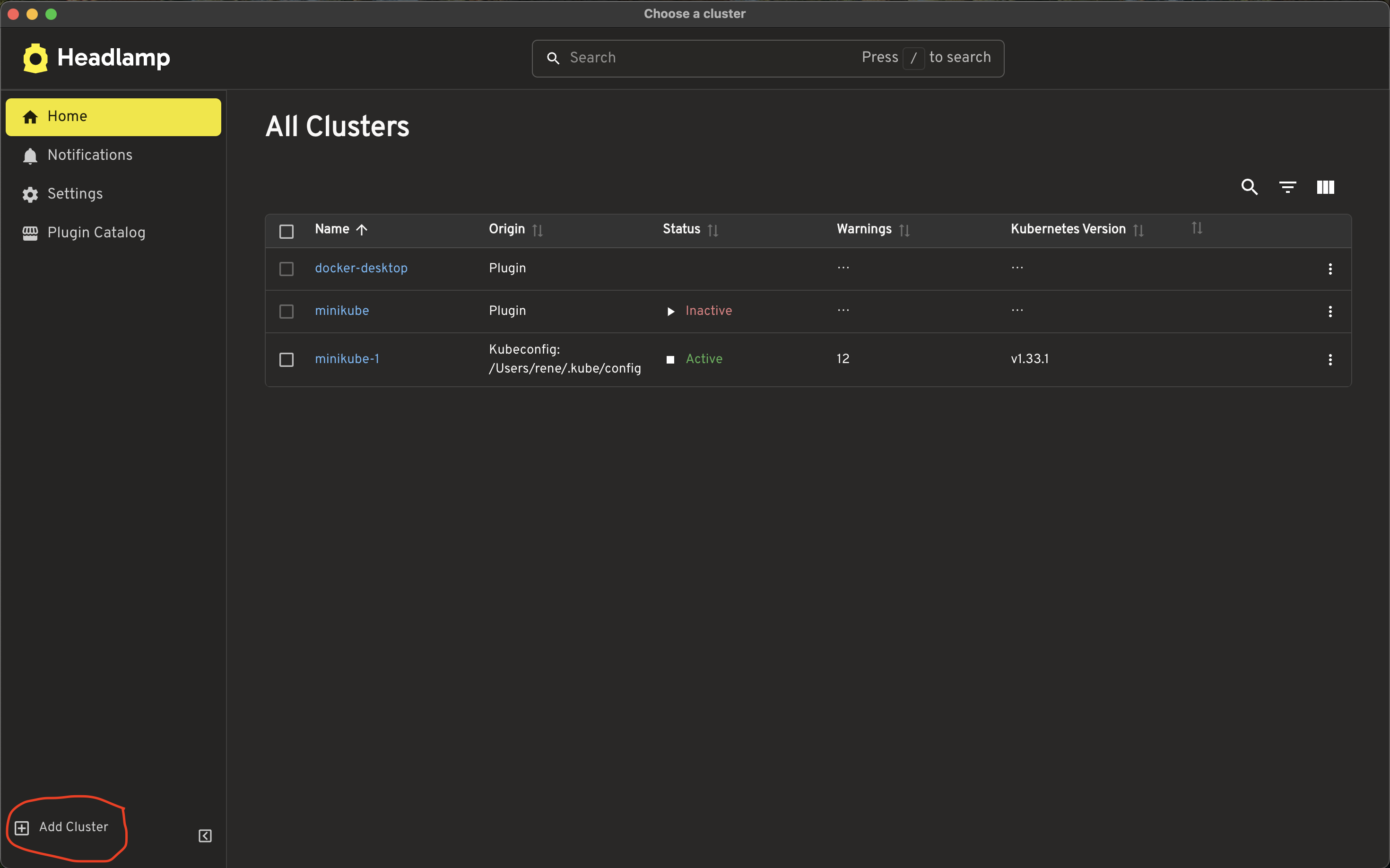 The Overview Home page with the Add cluster link highlighted