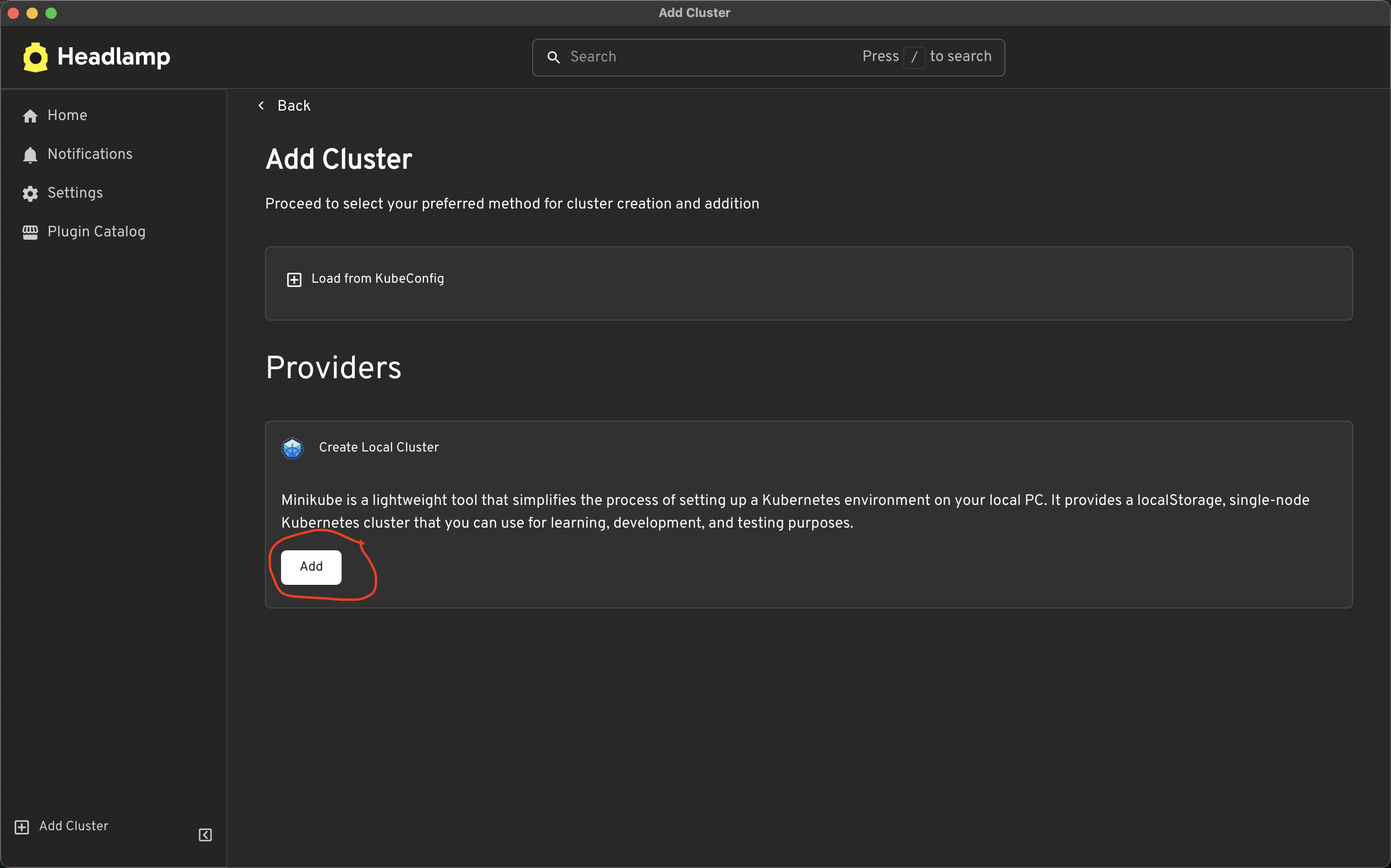 Page with a Providers list and the Create Local Cluster section add button highlighted