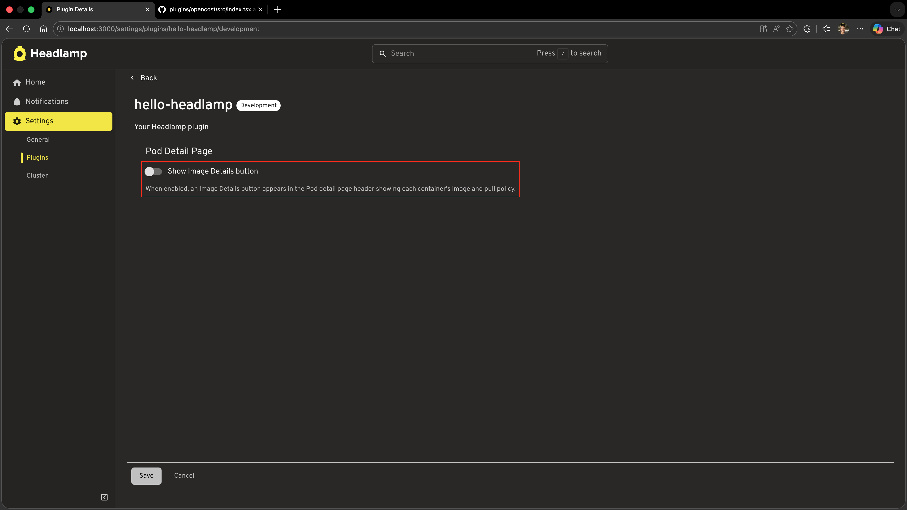 Screenshot of the hello-headlamp settings page showing the "Show Image Details button" toggle switch in the on position