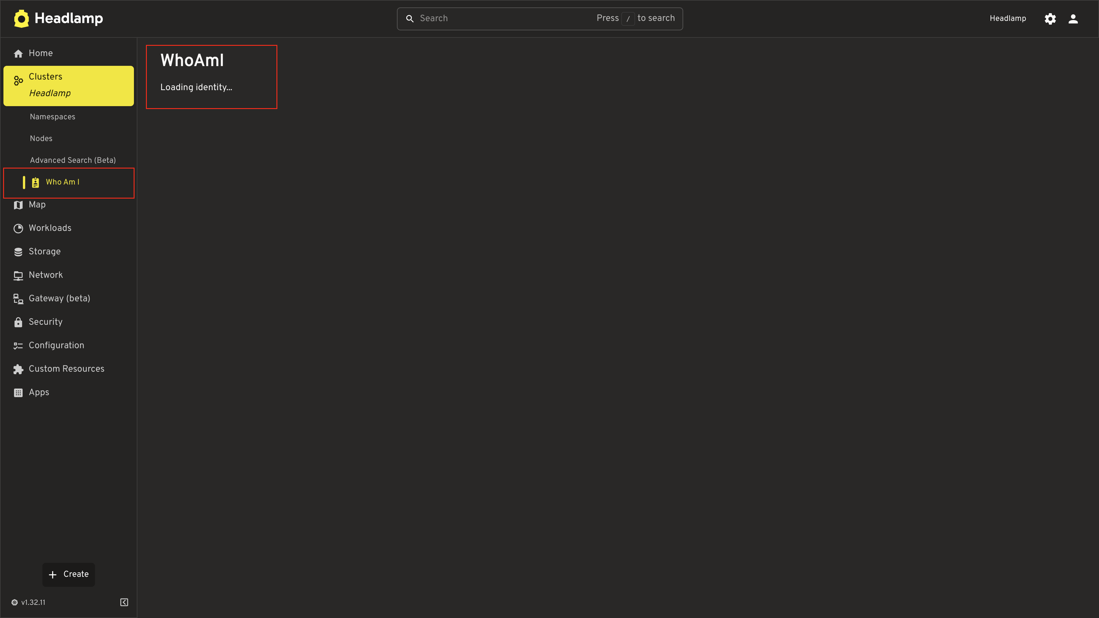 Screenshot of Headlamp showing the WhoAmI entry under Cluster in the sidebar alongside Namespaces and Nodes, and the placeholder page with "Loading identity..." text