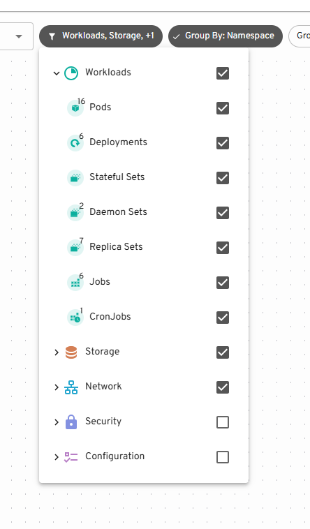 Screenshot of a Source picker containing various Kubernetes resource sources