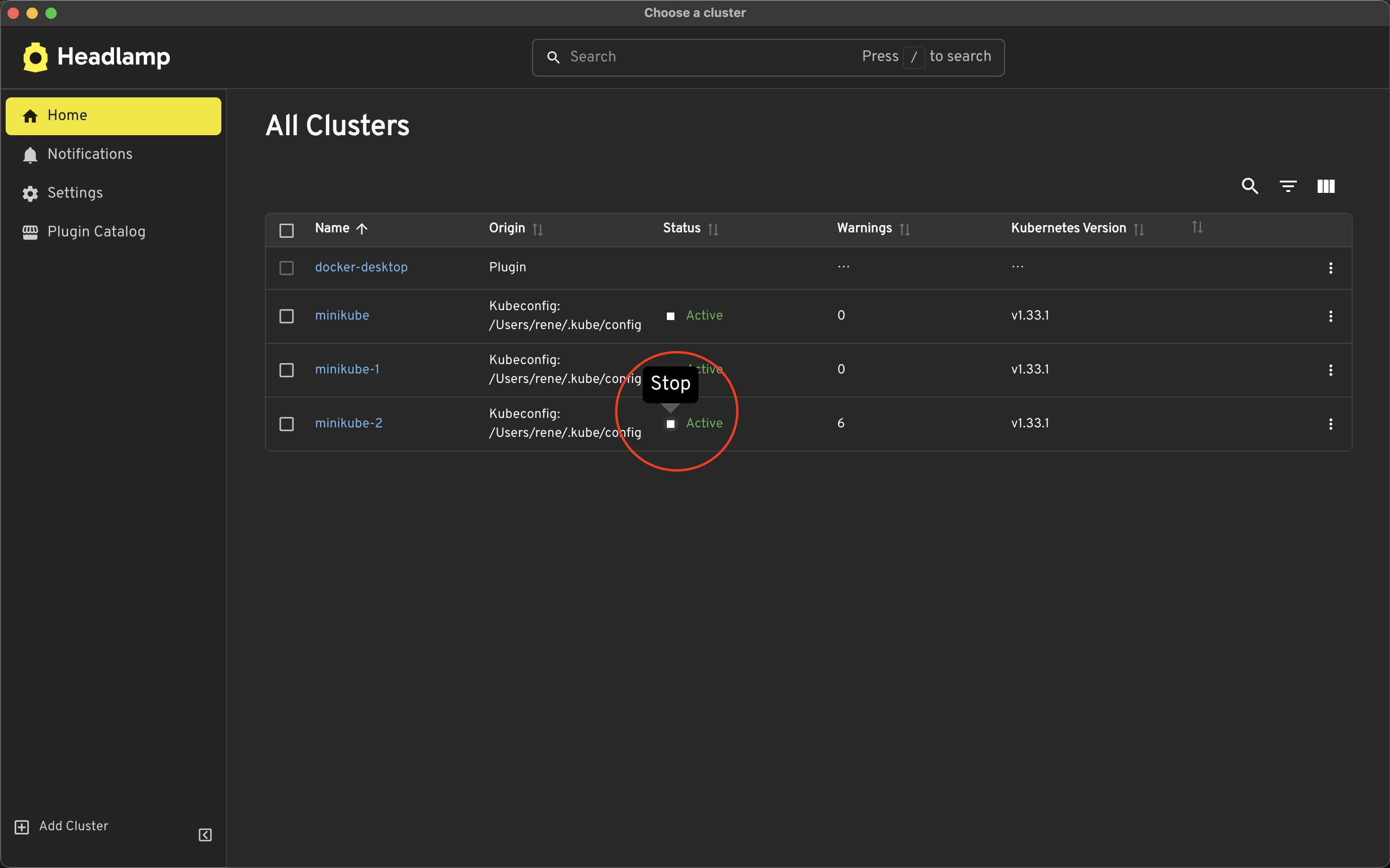 Cluster overview page showing start and stop buttons
