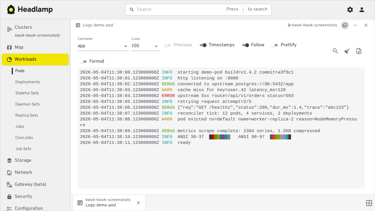 pod log viewer in light theme