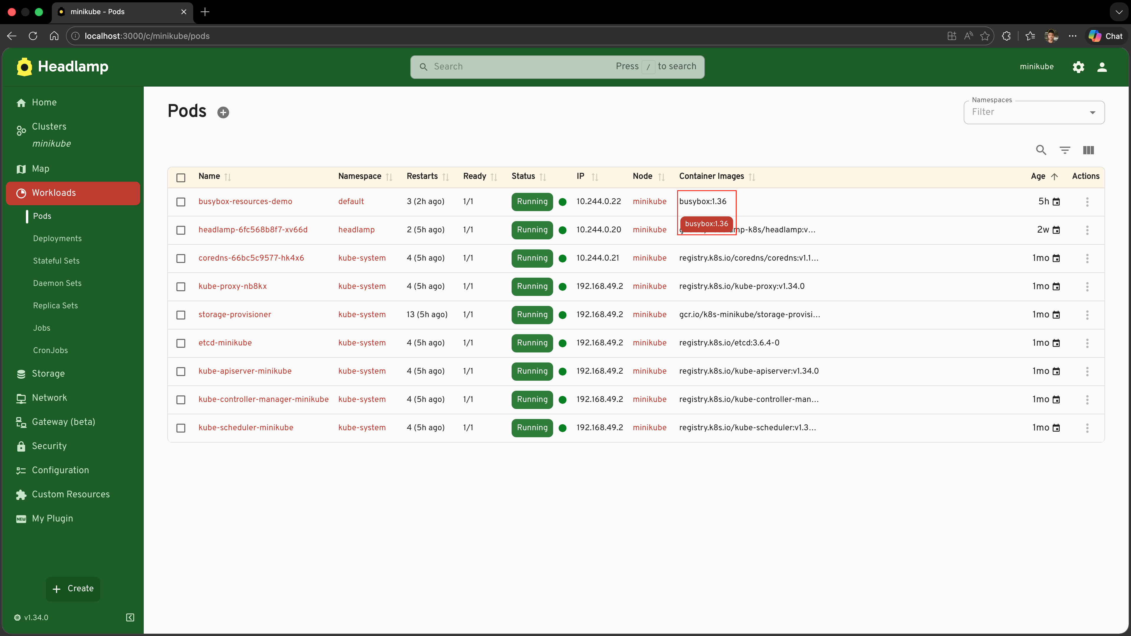 Screenshot of the Pods list with the Christmas theme active; the Container Images tooltip is shown with a Christmas red background, matching the sidebar and active highlights