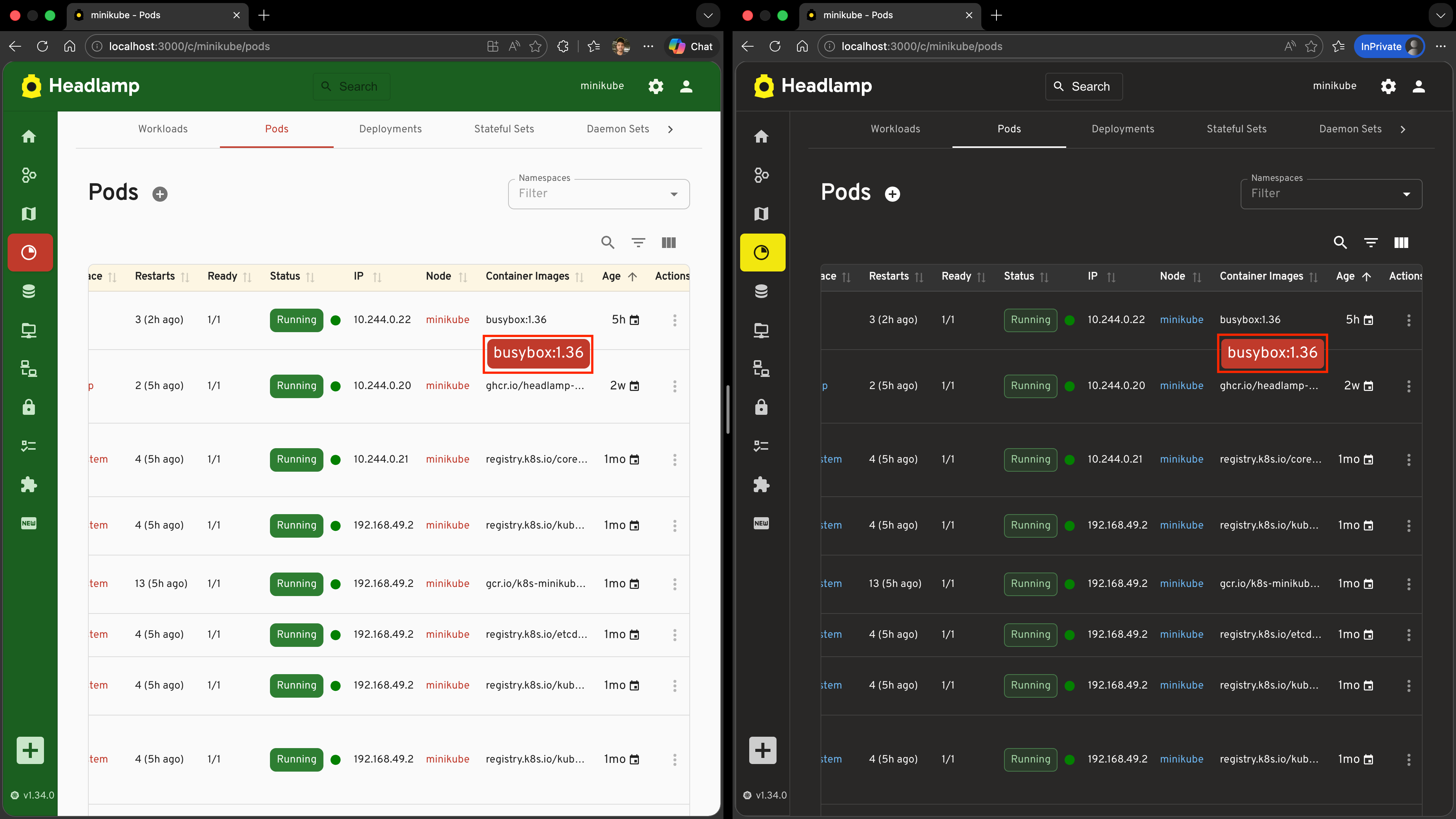 Two side-by-side screenshots: on the left the Headlamp Christmas theme is active and the tooltip is red which looks correct; on the right the default Light theme is active but the tooltip is still Christmas red, which looks out of place