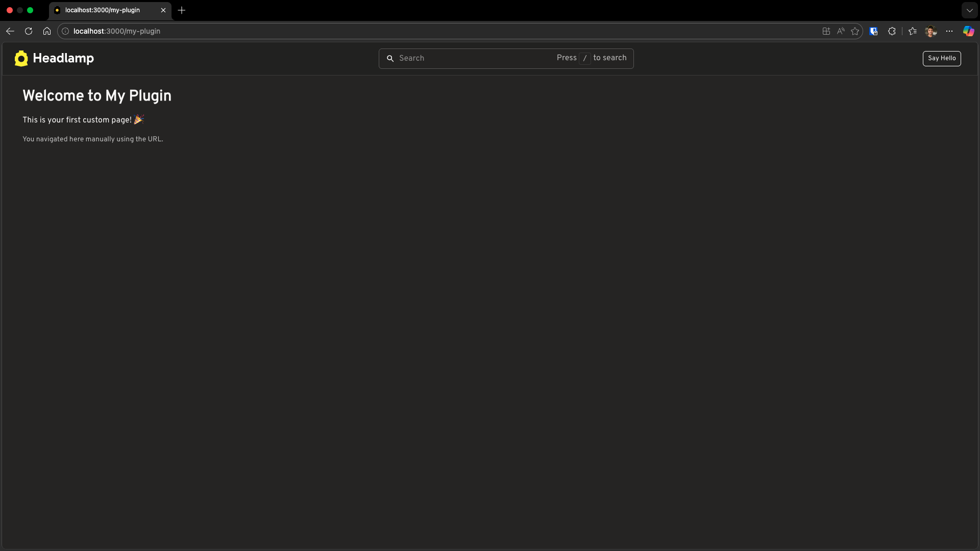 Screenshot of Headlamp showing the Welcome to My Plugin page with a SectionBox displaying the welcome message and party emoji.